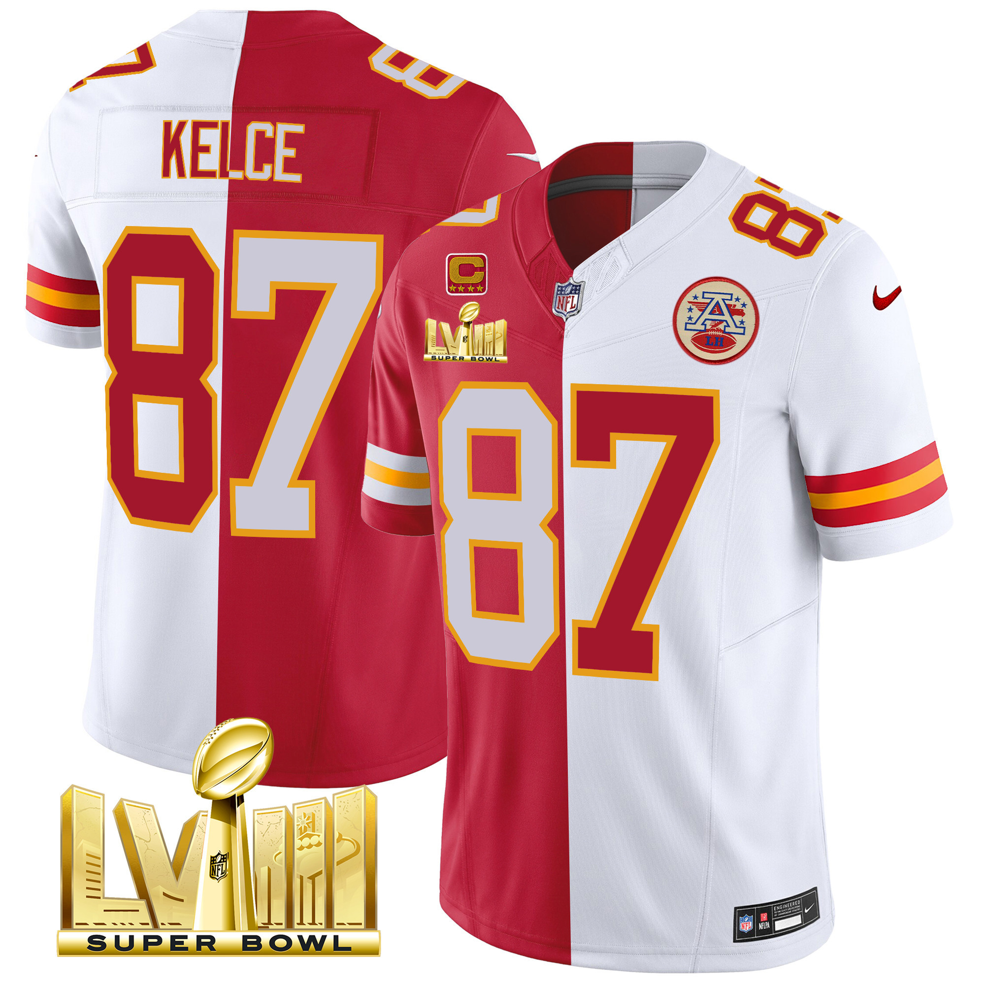 Travis Kelce Men's Kansas City Chiefs Super Bowl LVIII Gold Patch Vapor Split Jersey - All Stitched 
