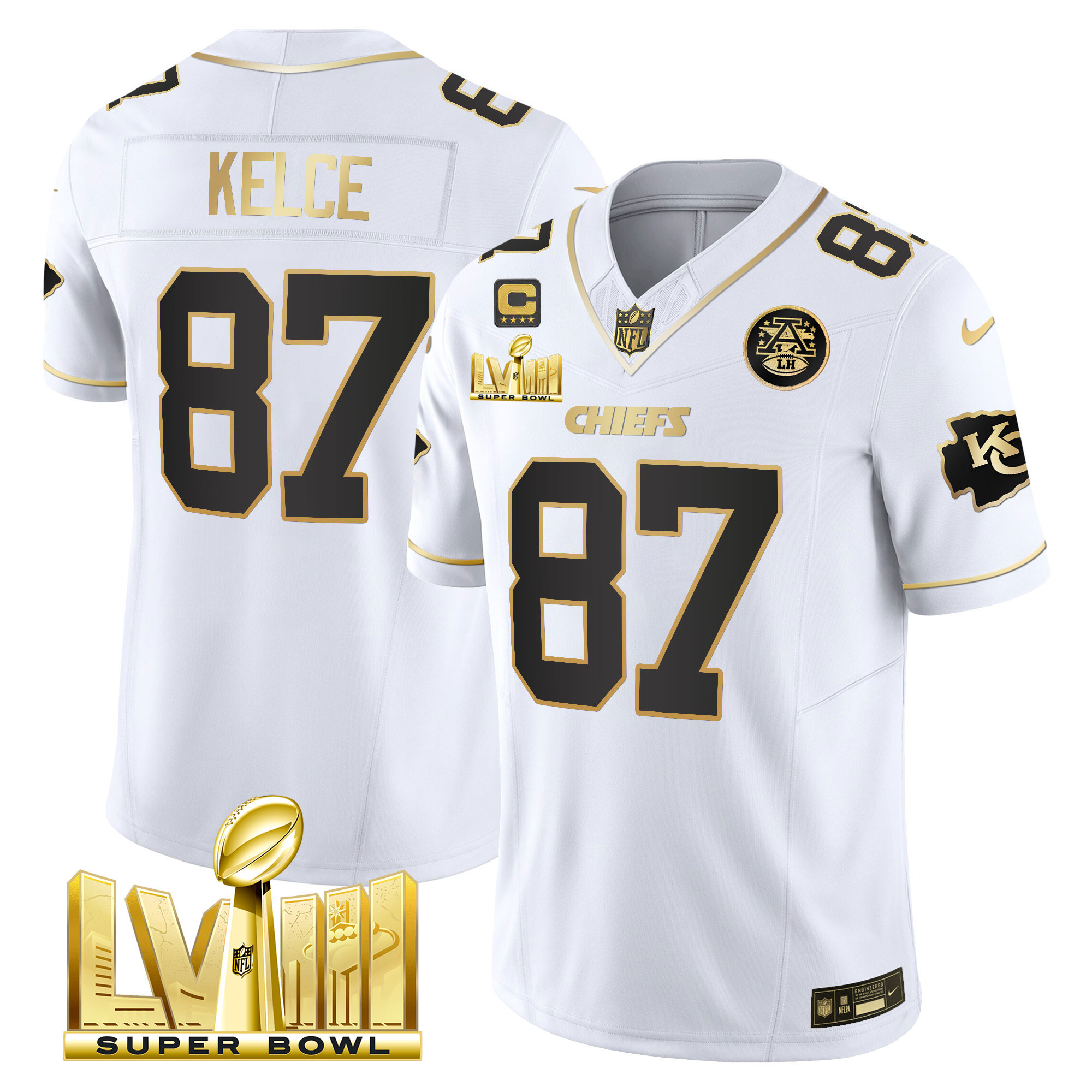 Travis Kelce Men's Kansas City Chiefs Super Bowl LVIII Gold Patch Vapor White Gold Jersey - All Stitched 
