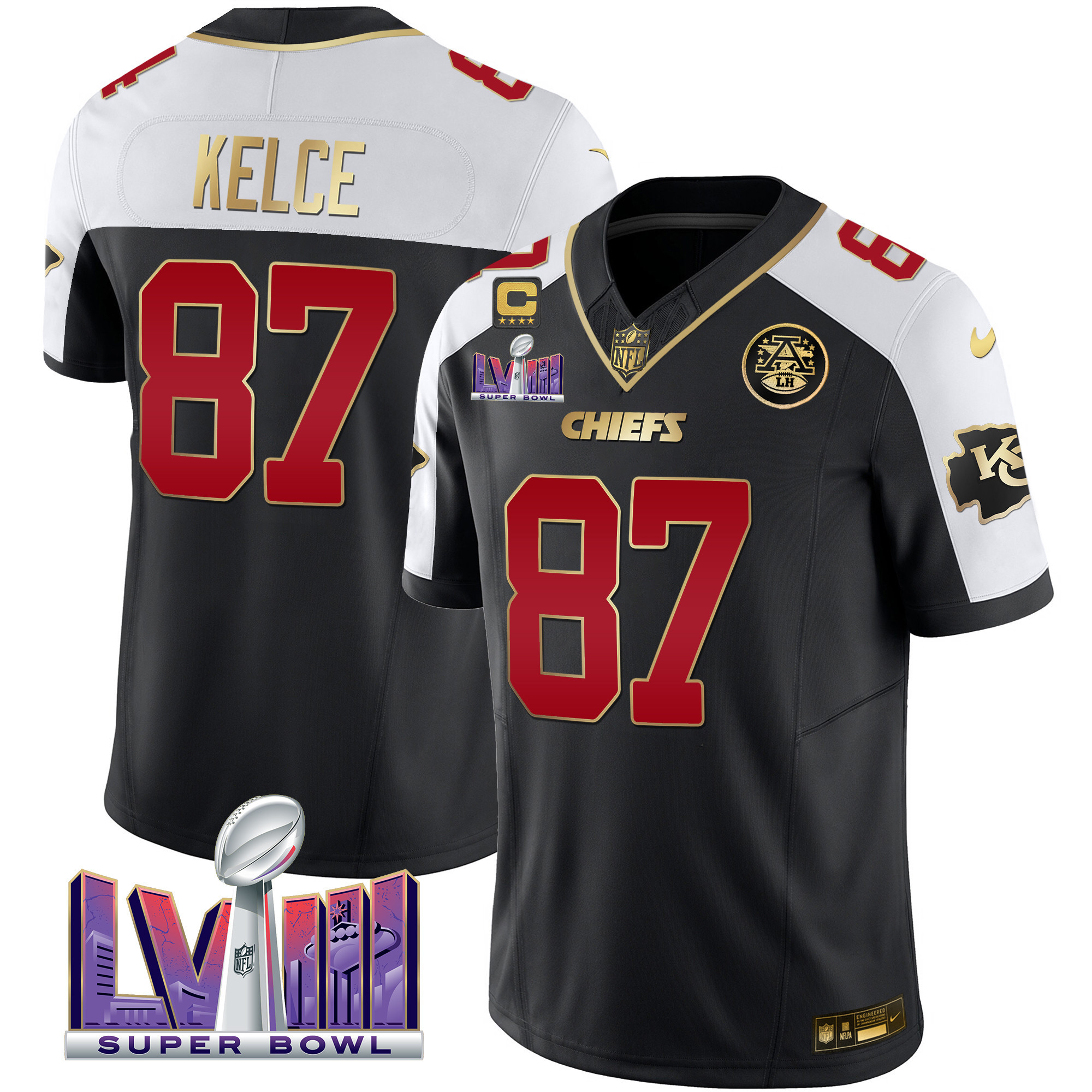 Travis Kelce Men's Kansas City Chiefs Super Bowl LVIII Patch Vapor Black Alternate Jersey - All Stitched 