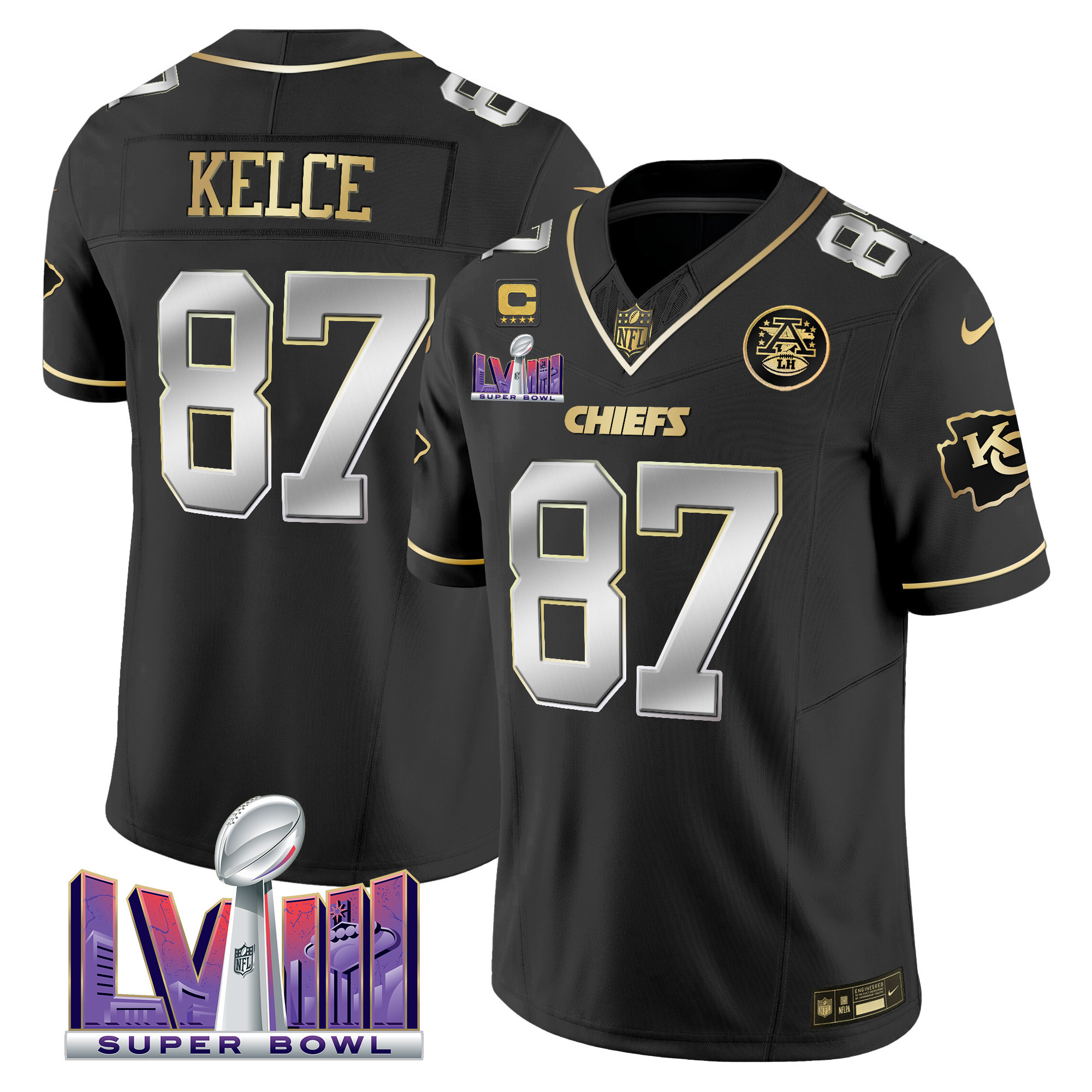 Travis Kelce Men's Kansas City Chiefs Super Bowl LVIII Patch Vapor Black Limited Jersey - All Stitched 