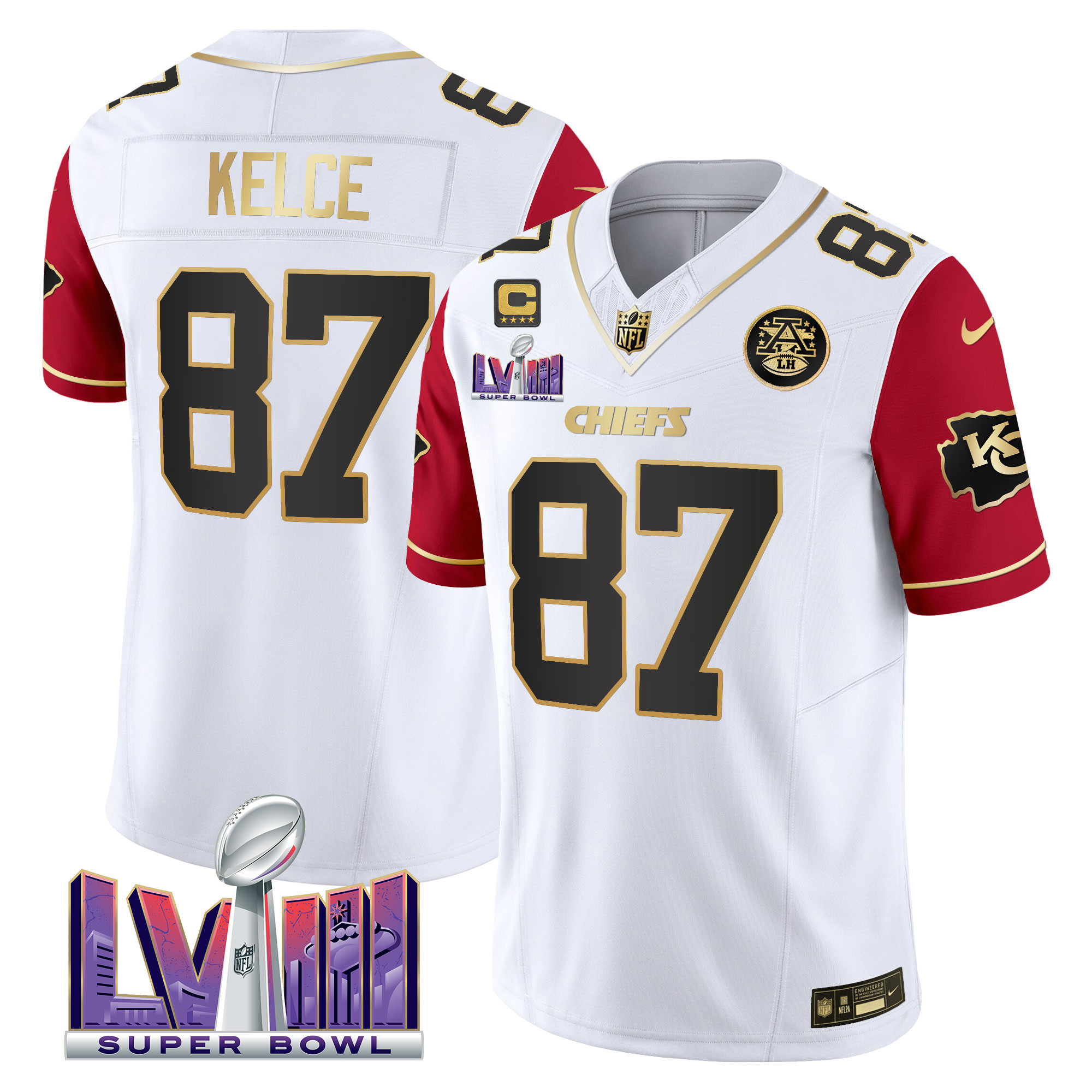 Travis Kelce Men's Kansas City Chiefs Super Bowl LVIII Patch Vapor Color Sleeves Jersey - All Stitched 