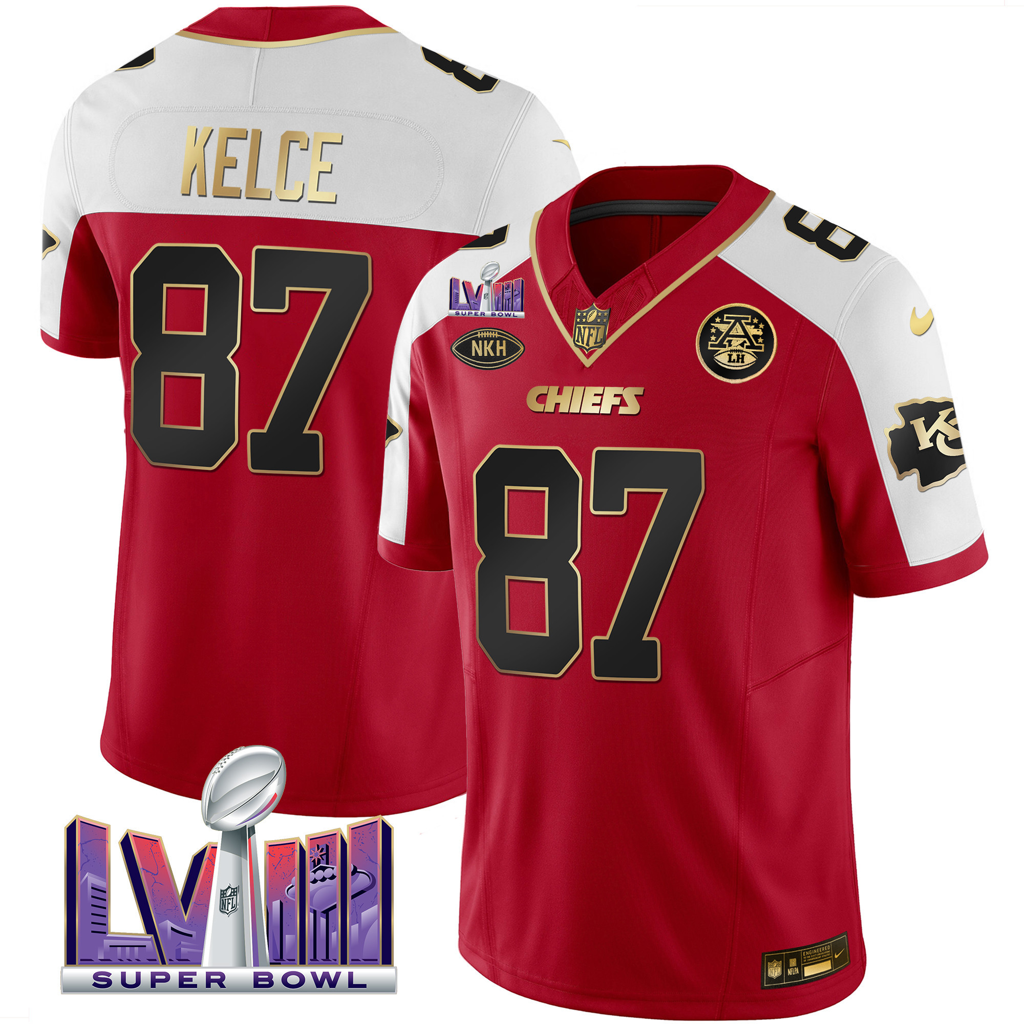 Travis Kelce Men's Kansas City Chiefs Super Bowl LVIII Patch Vapor Red Alternate Jersey - All Stitched 