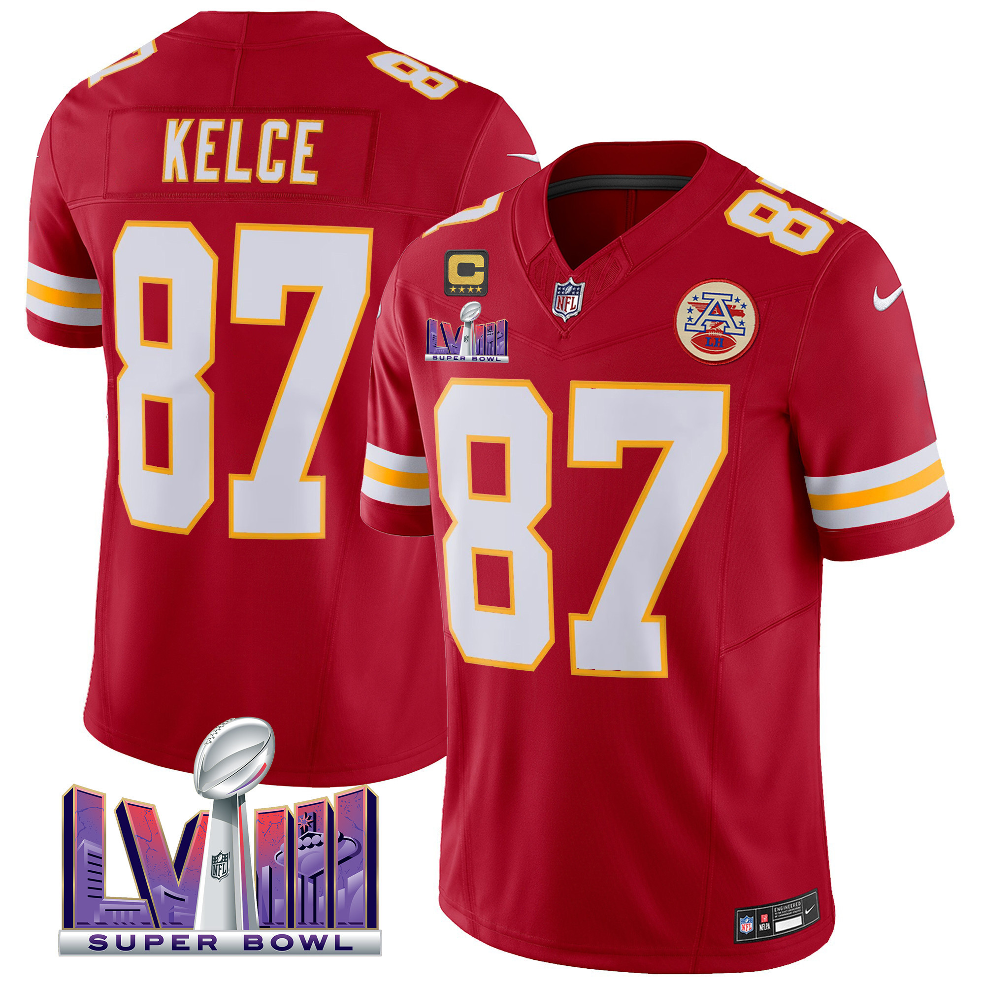 Travis Kelce Men's Kansas City Chiefs Super Bowl LVIII Patch Vapor Red Jersey - All Stitched 