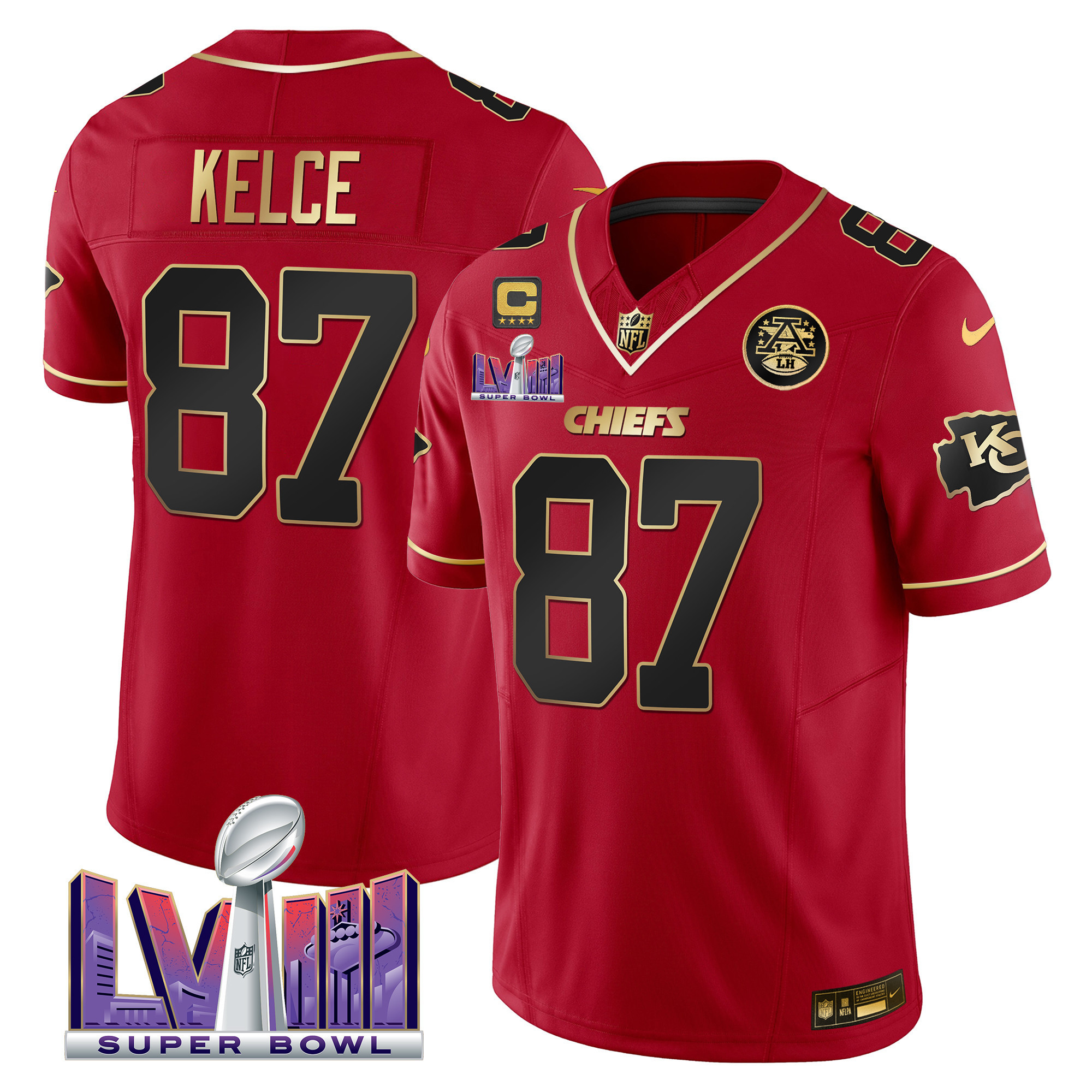 Travis Kelce Men's Kansas City Chiefs Super Bowl LVIII Patch Vapor Red Special Jersey - All Stitched 