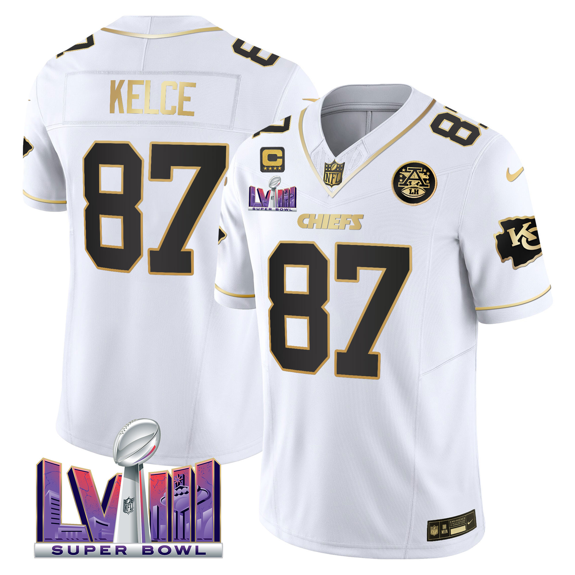 Travis Kelce Men's Kansas City Chiefs Super Bowl LVIII Patch Vapor White Gold Jersey - All Stitched 