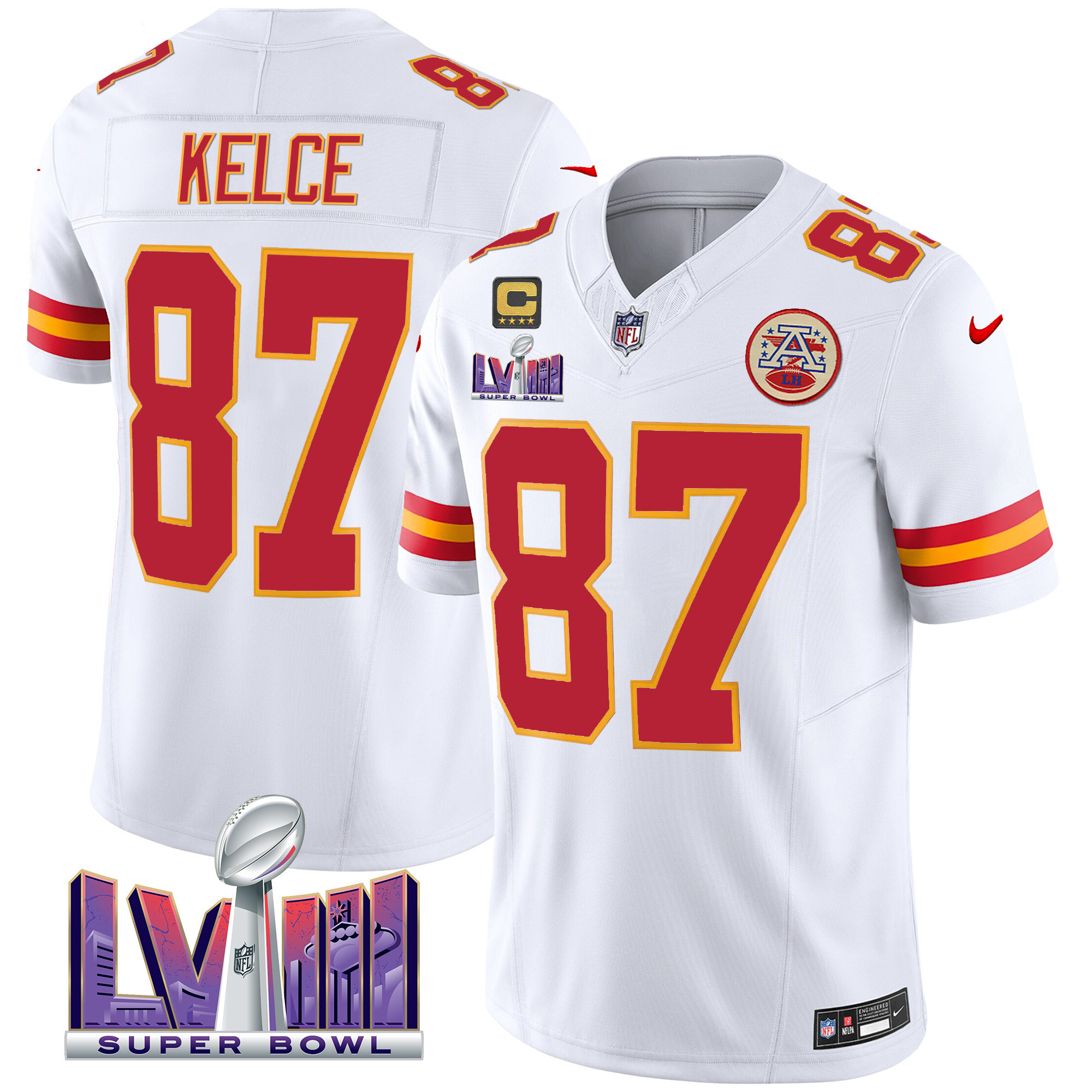 Travis Kelce Men's Kansas City Chiefs Super Bowl LVIII Patch Vapor White Jersey - All Stitched 