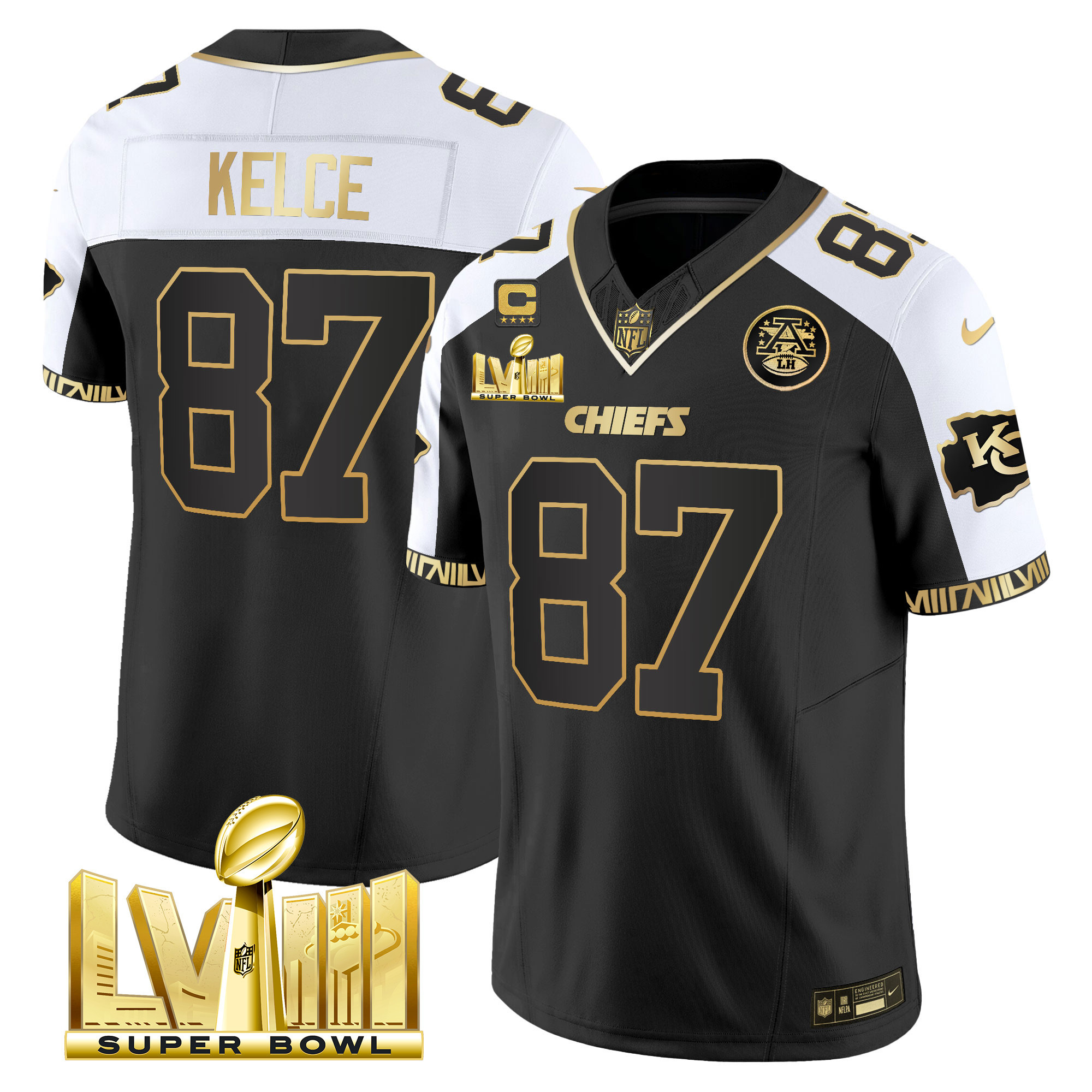 Travis Kelce Men's Kansas City Chiefs Super Bowl LVIII Pattern Gold Vapor Alternate Jersey - All Stitched 