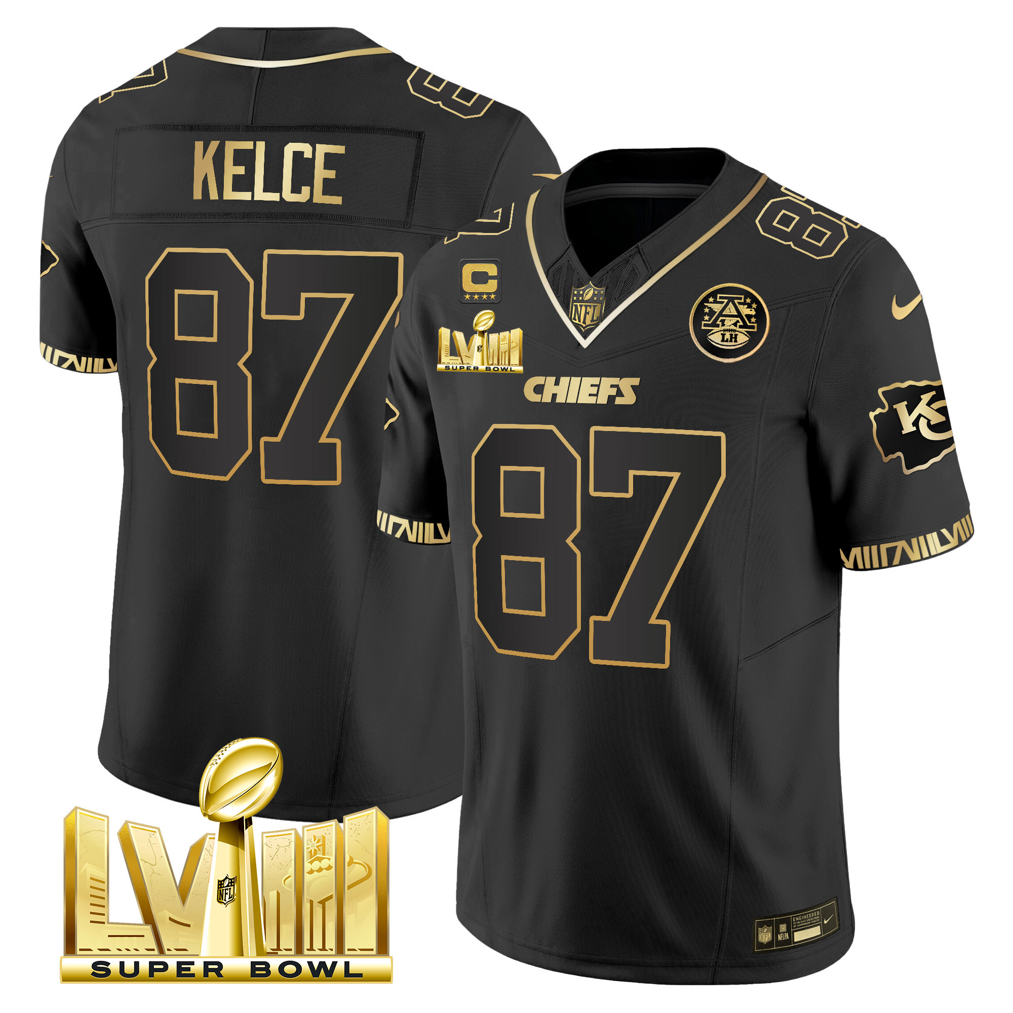 Travis Kelce Men's Kansas City Chiefs Super Bowl LVIII Pattern Gold Vapor Black Gold Jersey - All Stitched 