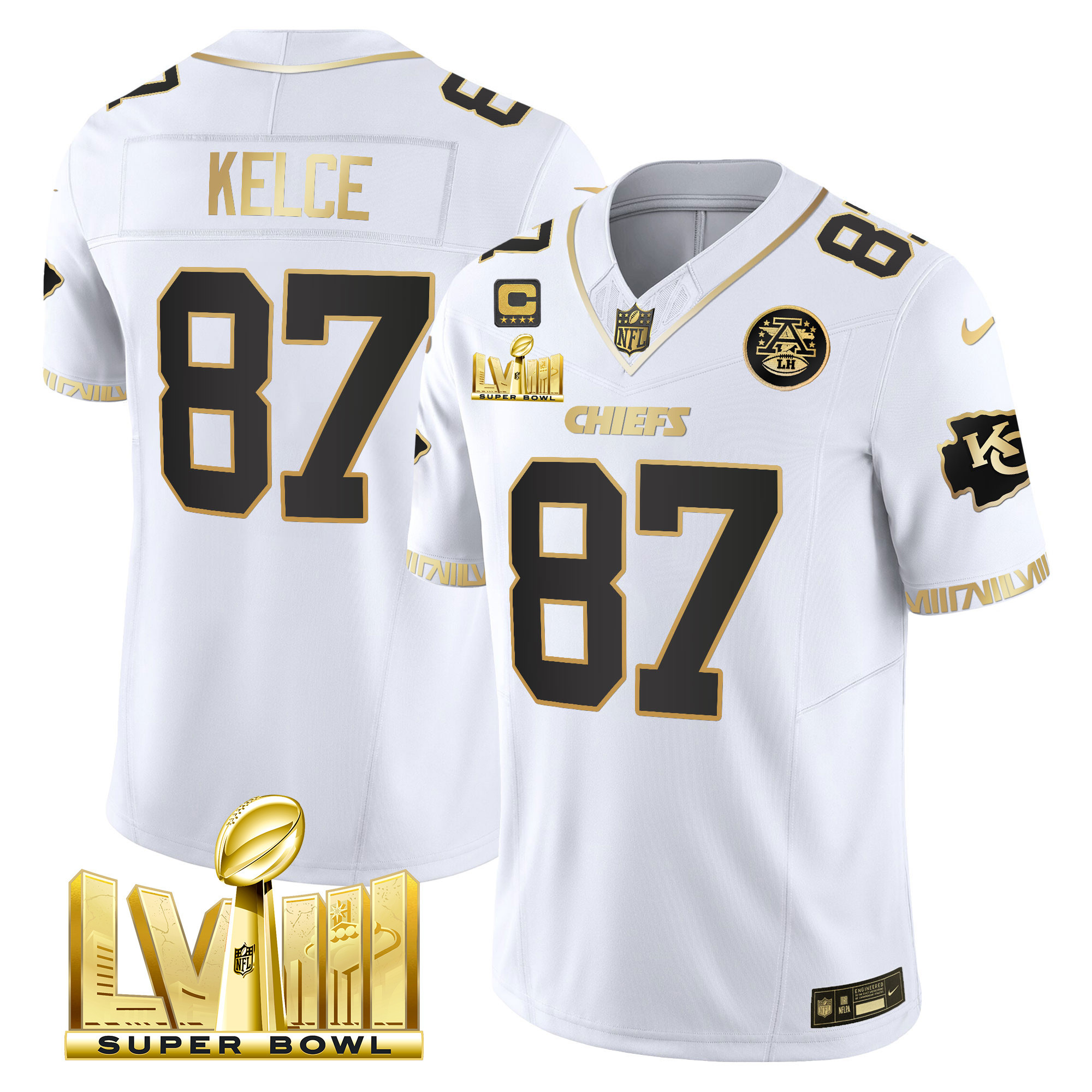 Travis Kelce Men's Kansas City Chiefs Super Bowl LVIII Pattern Gold Vapor White Gold Jersey - All Stitched 