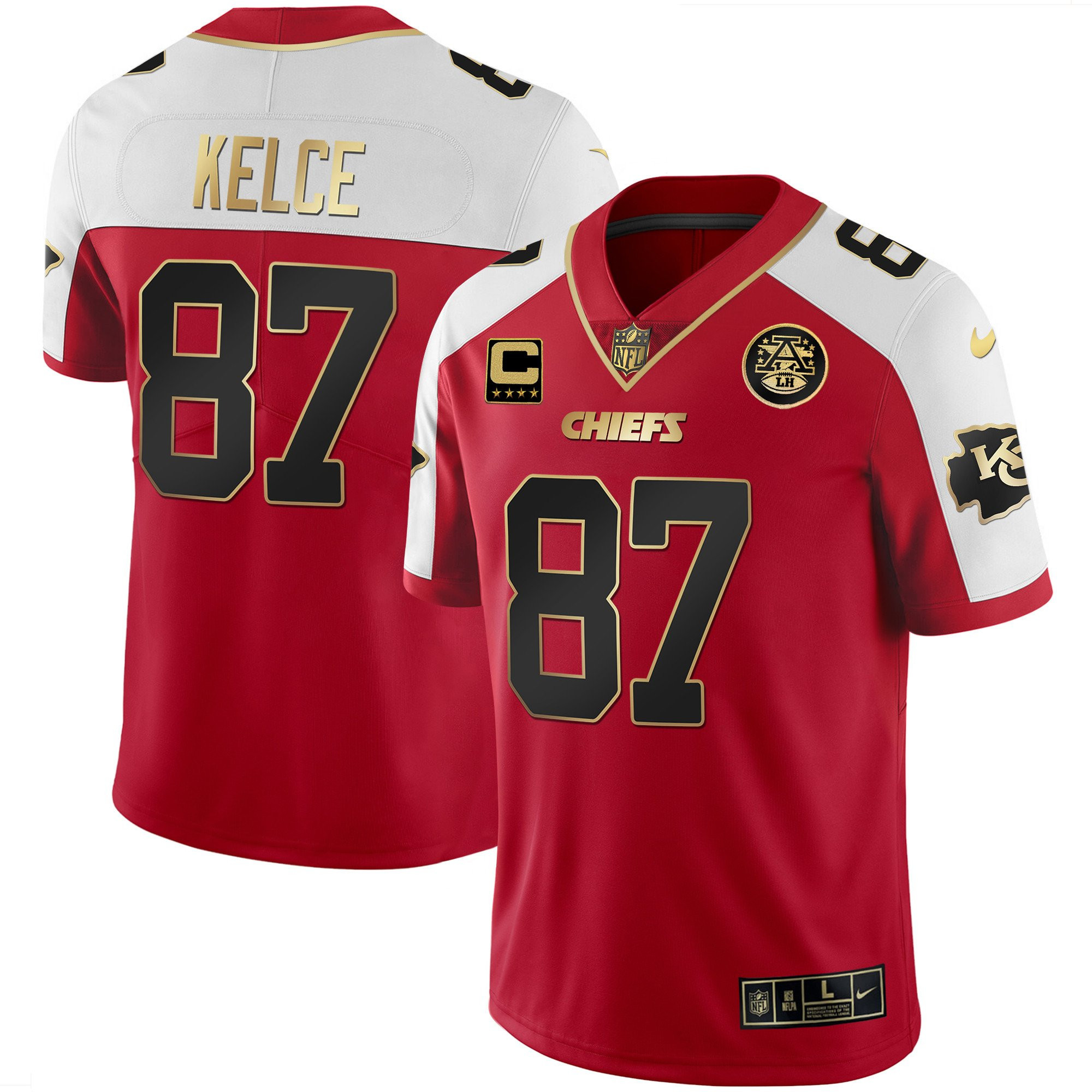Travis Kelce Men's Kansas City Chiefs White Gold & Black Gold Red Alternate Jersey - All Stitched 