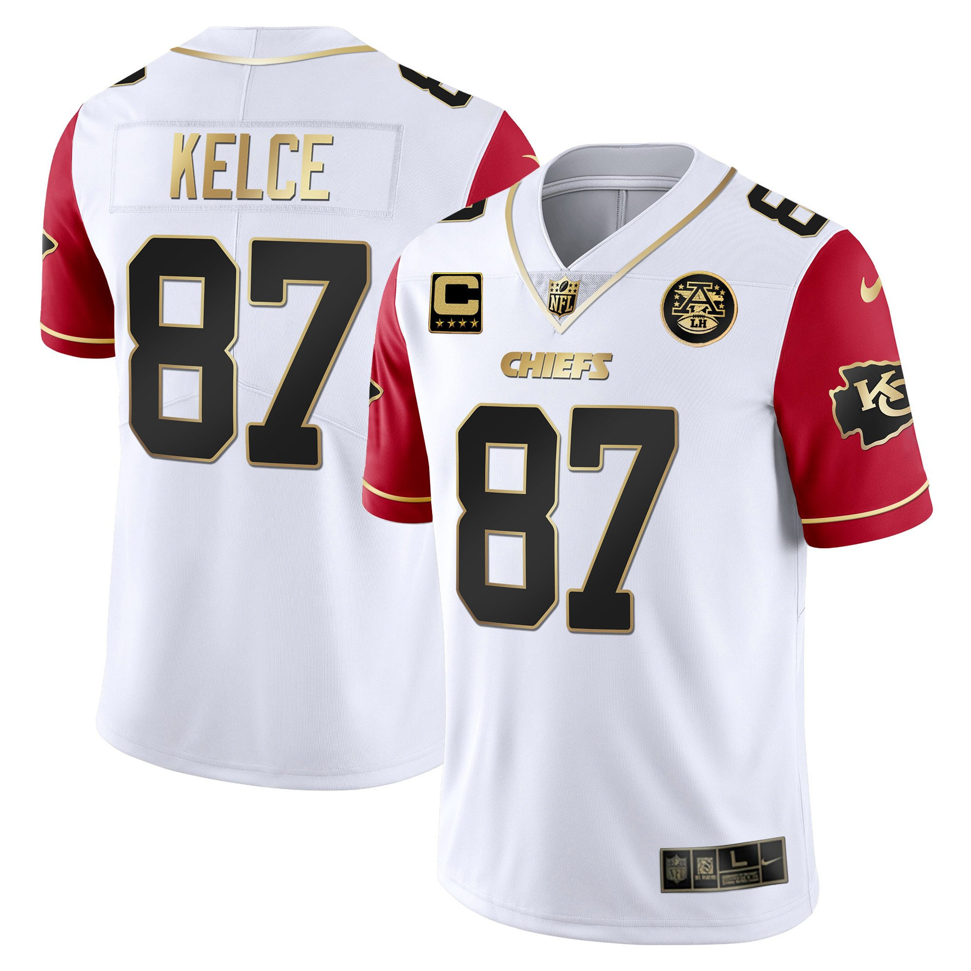 Travis Kelce Men's Kansas City Chiefs White Gold & Black Gold Red Sleeves Jersey - All Stitched 
