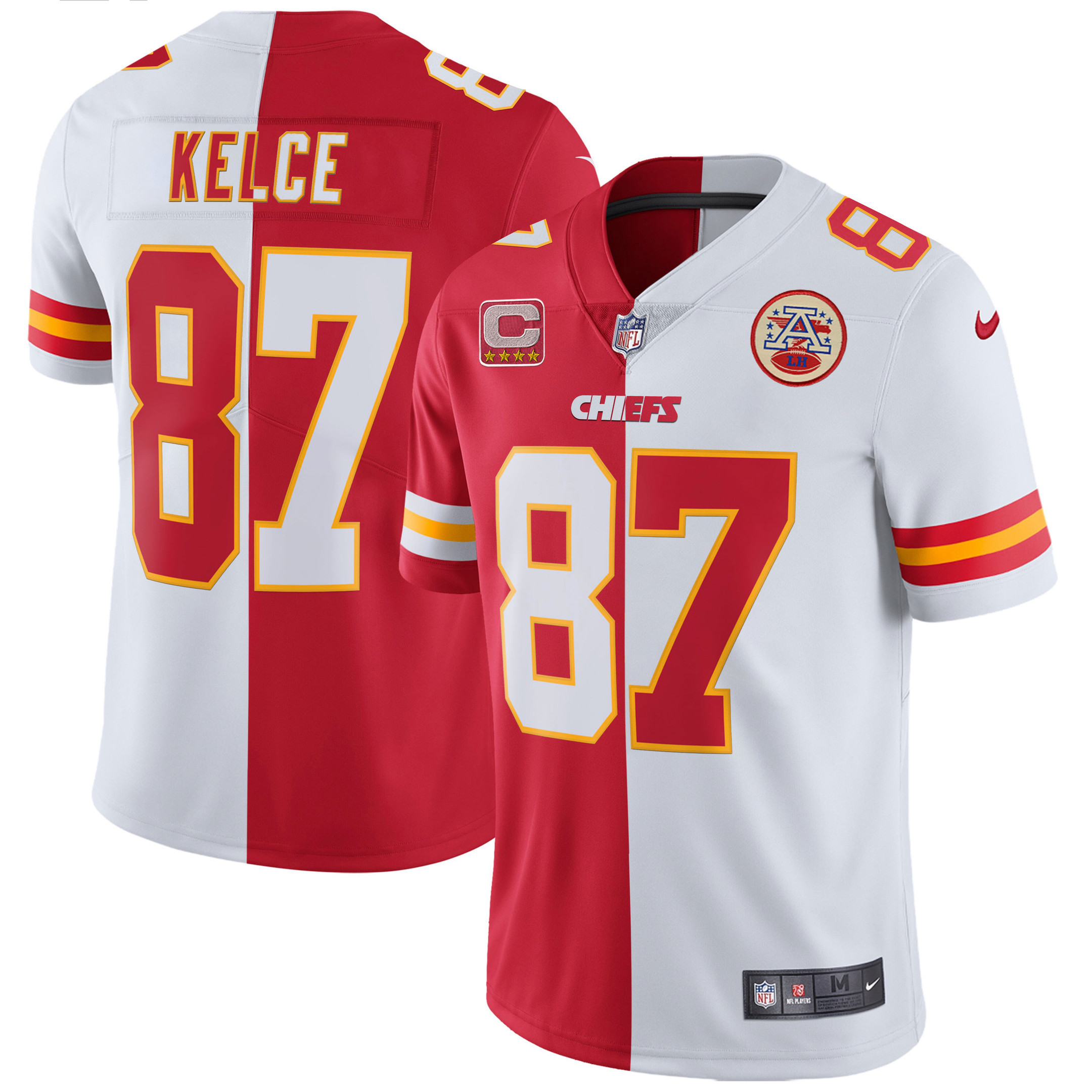 Travis Kelce Men's Kansas City Chiefs White Gold & Black Gold Split Jersey - All Stitched 