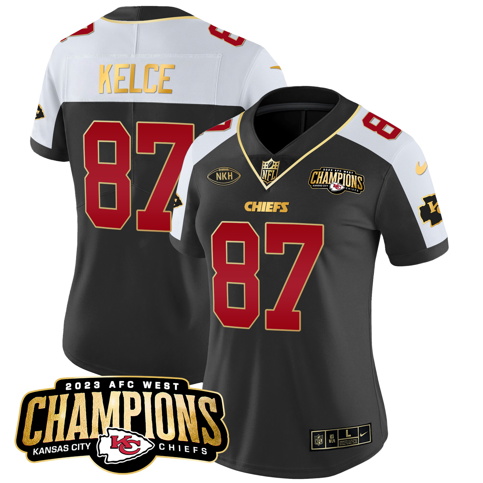 Travis Kelce Women's Kansas City Chiefs 2023 AFC West Champions Patch Vapor Limited Black Alternate Jersey - All Stitched 