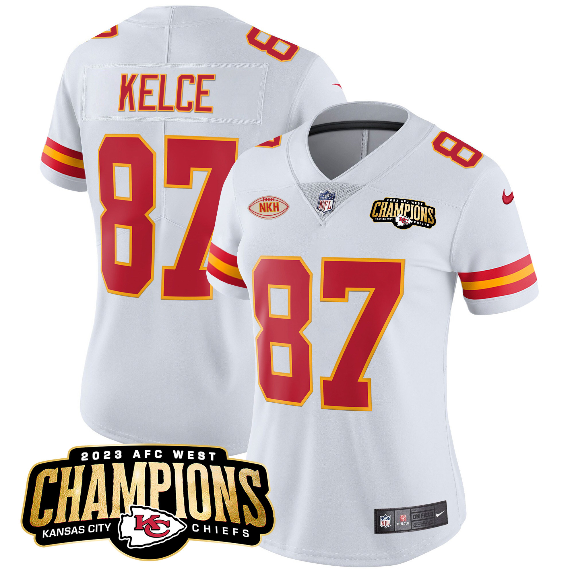 Travis Kelce Women's Kansas City Chiefs 2023 AFC West Champions Patch Vapor Limited White Jersey - All Stitched 