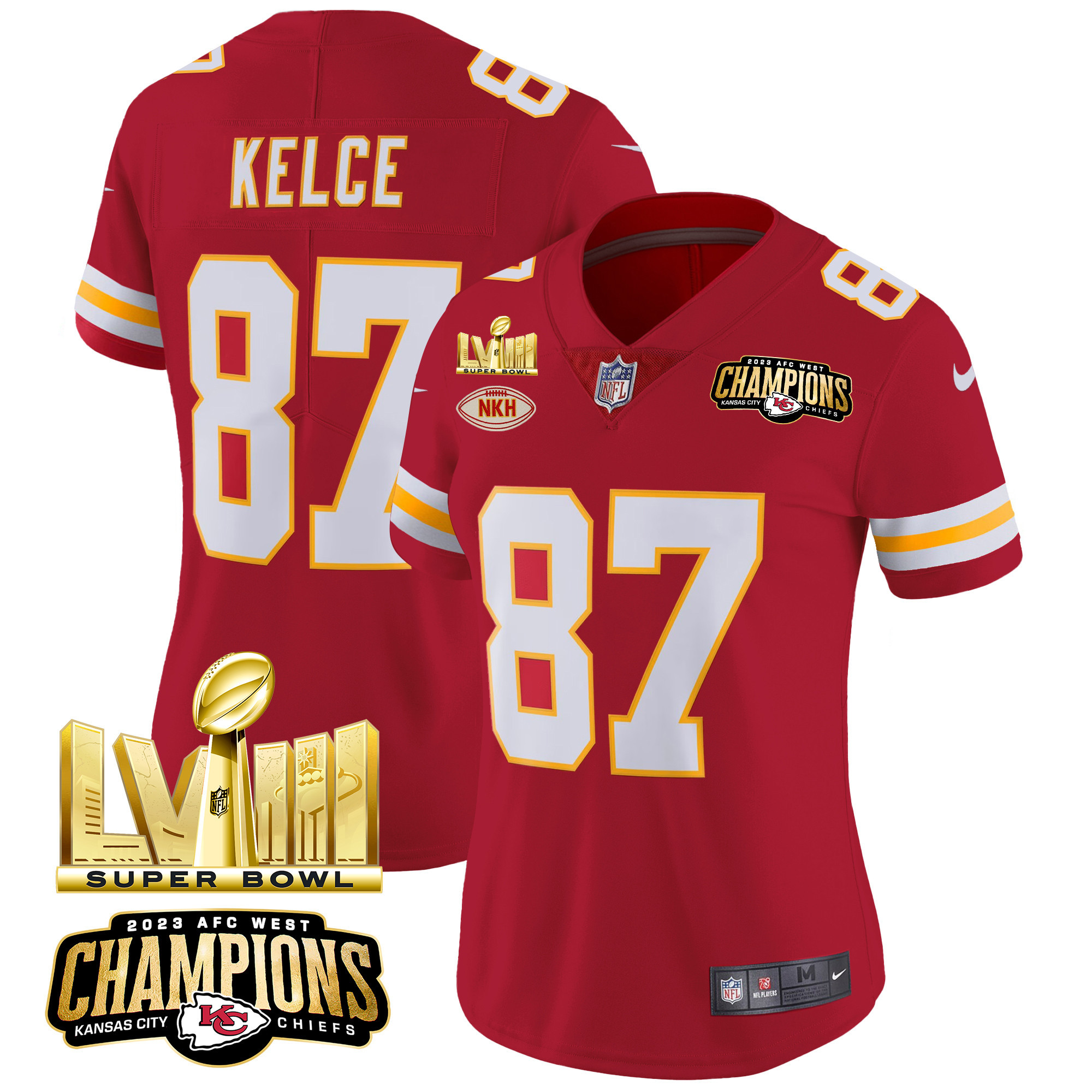 Travis Kelce Women's Kansas City Chiefs AFC West Champions & Super Bowl LVIII Gold Patch Vapor Red Jersey - All Stitched 