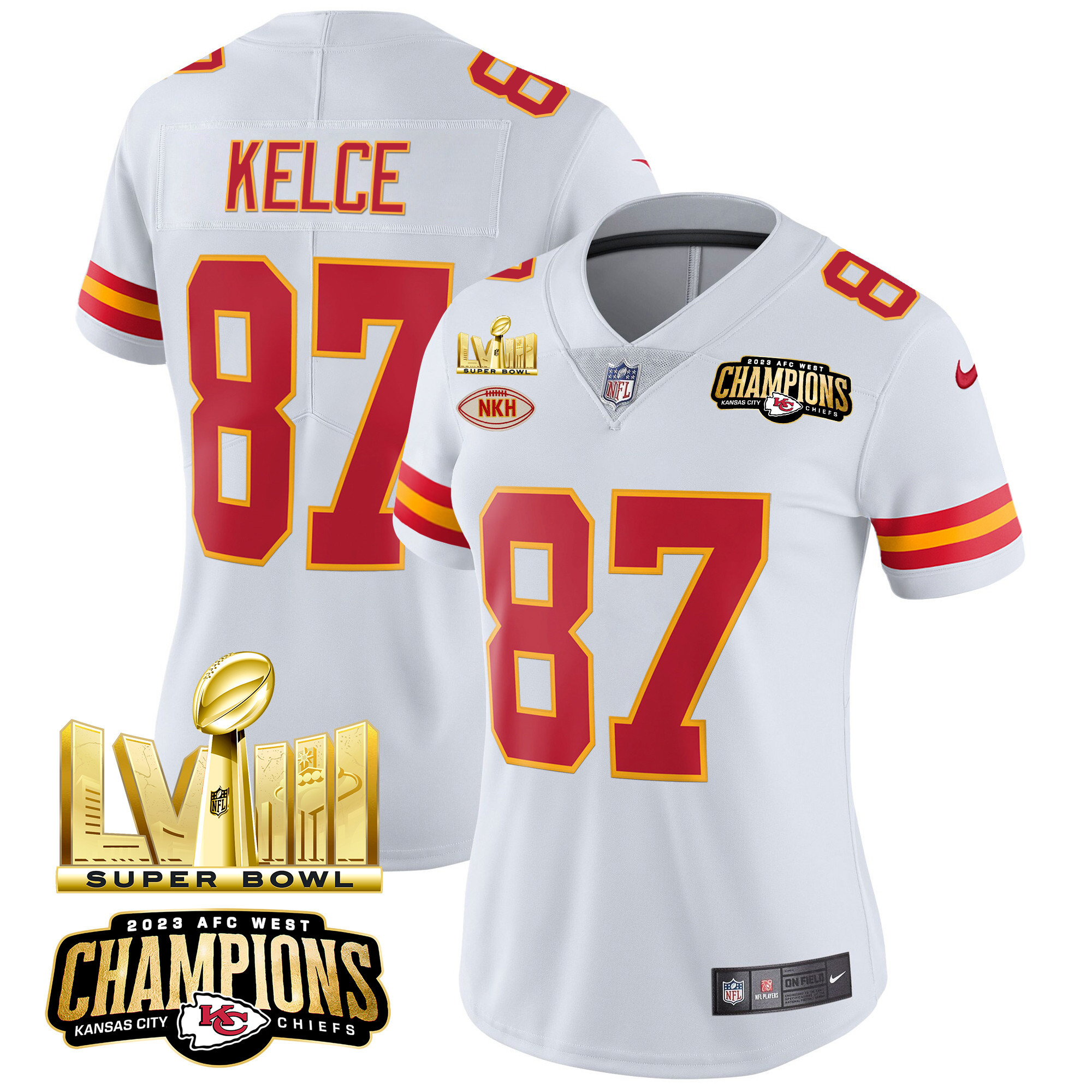 Travis Kelce Women's Kansas City Chiefs AFC West Champions & Super Bowl LVIII Gold Patch Vapor White Jersey - All Stitched 