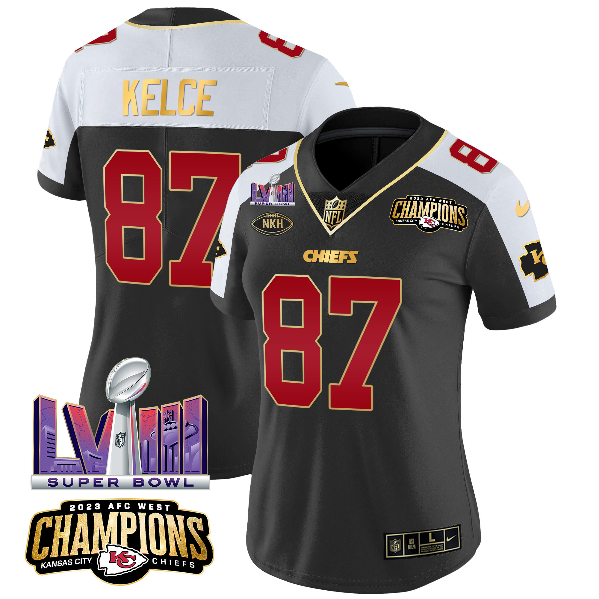 Travis Kelce Women's Kansas City Chiefs AFC West Champions & Super Bowl LVIII Patch Vapor Black Alternate Jersey - All Stitched 