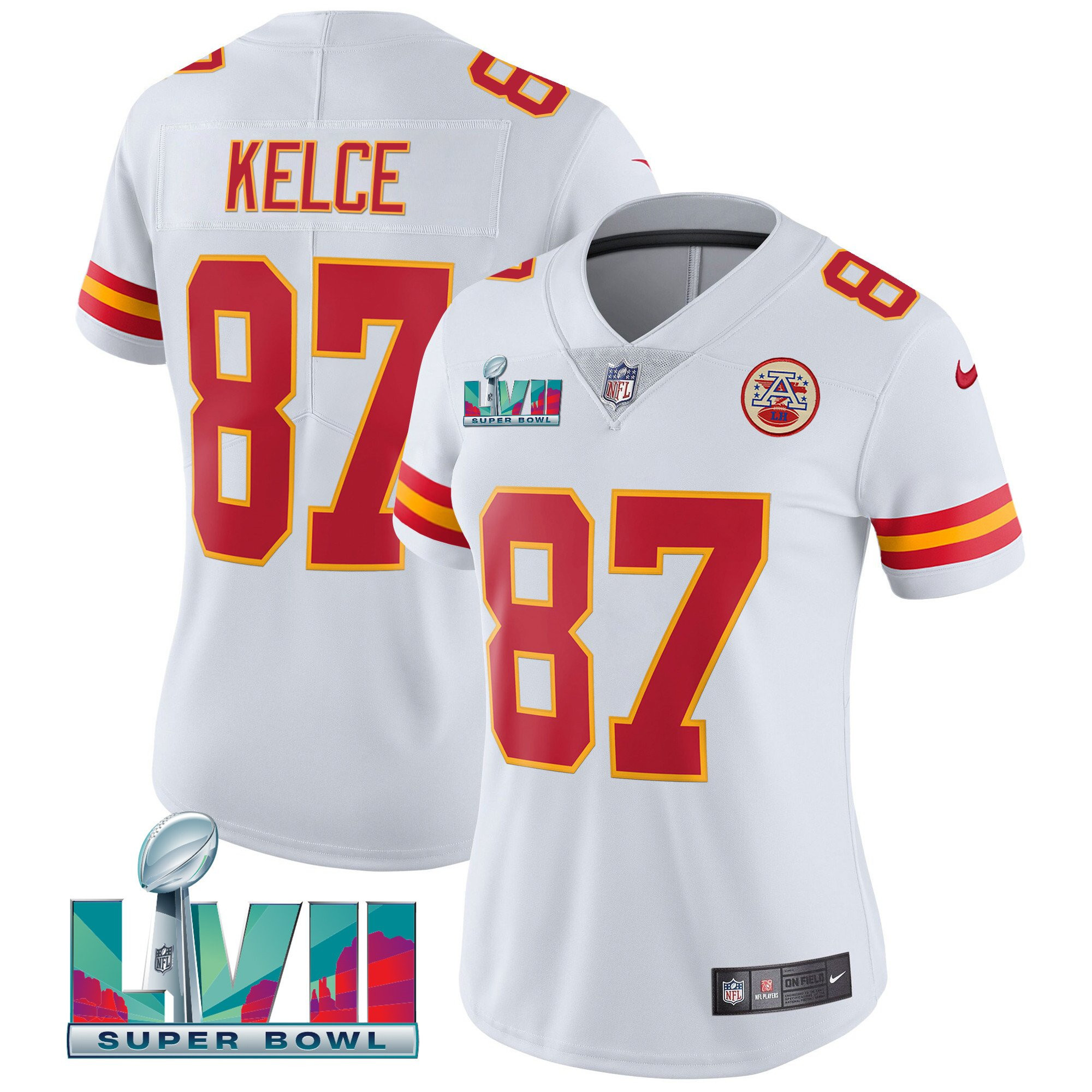 Travis Kelce Women's Kansas City Chiefs Super Bowl LVII Red Gold Vapor White Jersey - All Stitched 