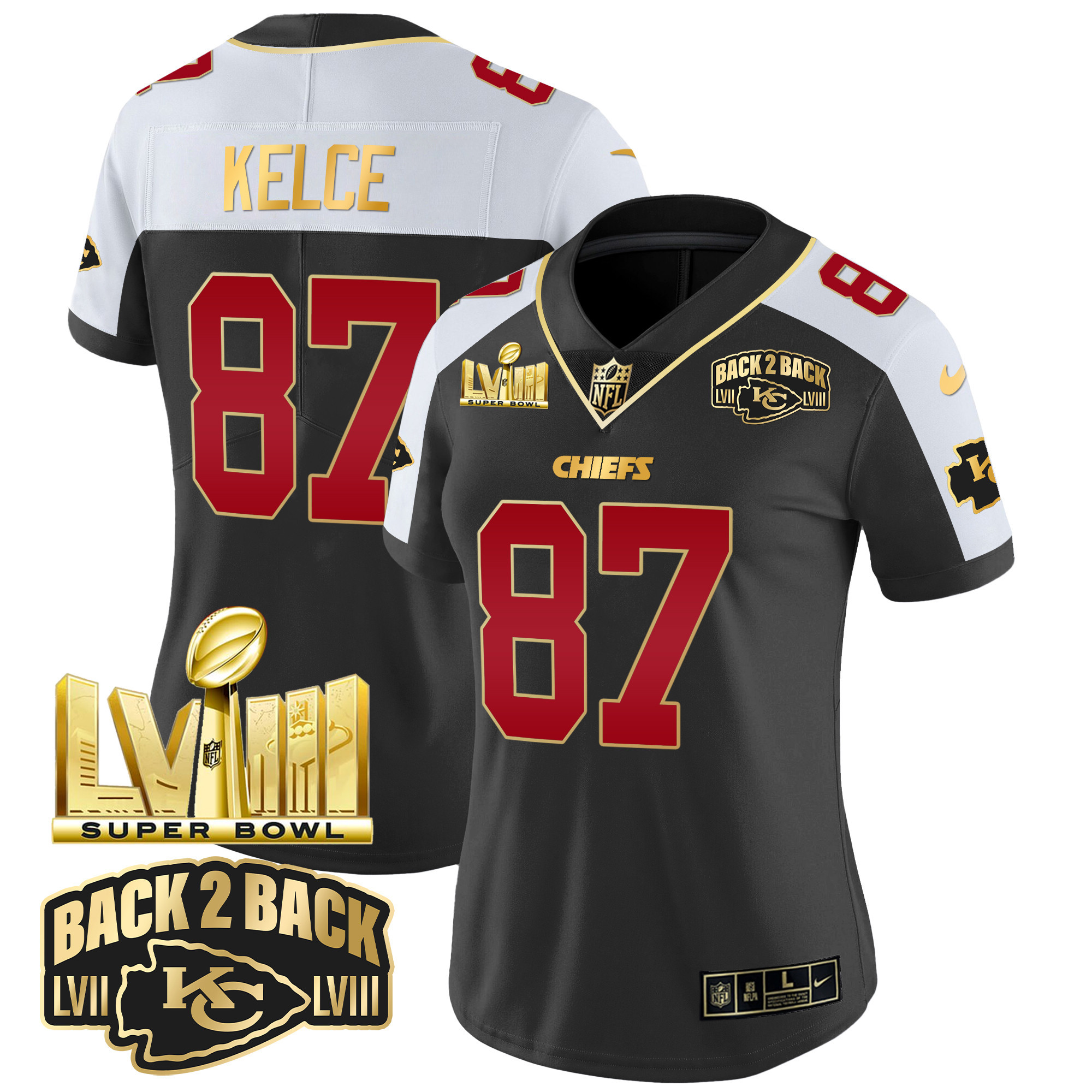 Travis Kelce Women's Kansas City Chiefs Super Bowl LVIII & Back 2 Back Gold Patch Vapor Black Alternate Jersey - All Stitched 