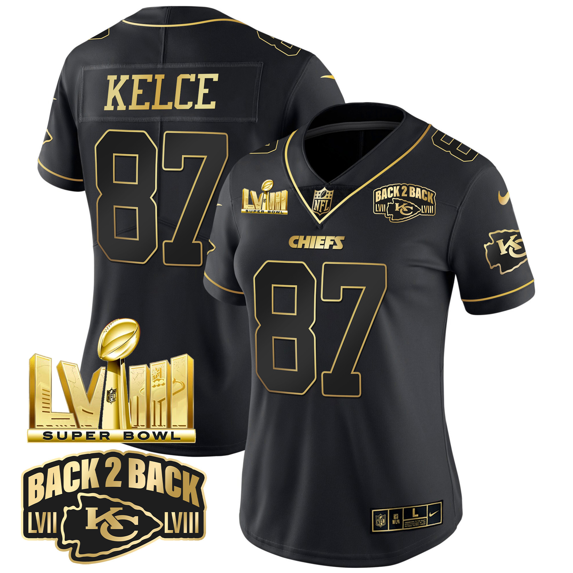 Travis Kelce Women's Kansas City Chiefs Super Bowl LVIII & Back 2 Back Gold Patch Vapor Black Gold Jersey - All Stitched 