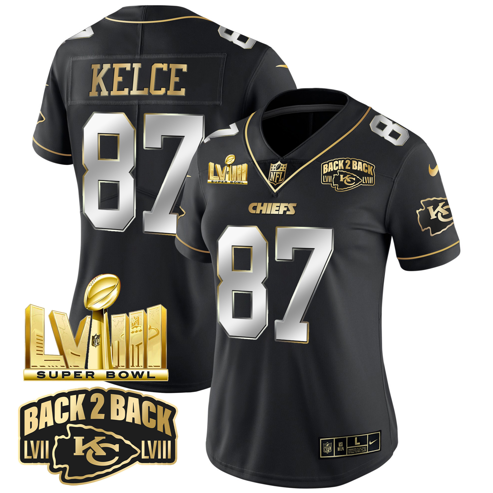 Travis Kelce Women's Kansas City Chiefs Super Bowl LVIII & Back 2 Back Gold Patch Vapor Black Limited Jersey - All Stitched 
