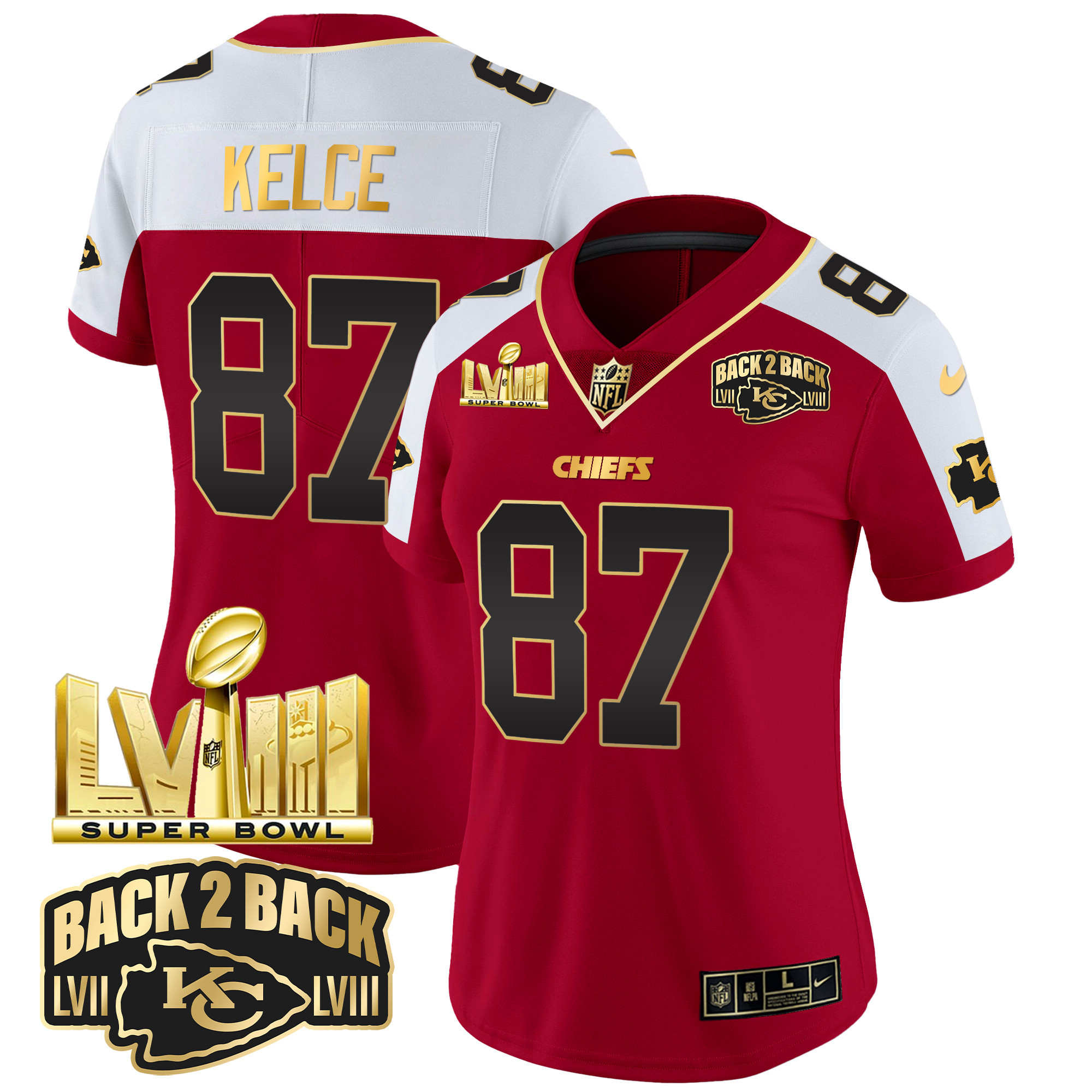 Travis Kelce Women's Kansas City Chiefs Super Bowl LVIII & Back 2 Back Gold Patch Vapor Red Alternate Jersey - All Stitched 