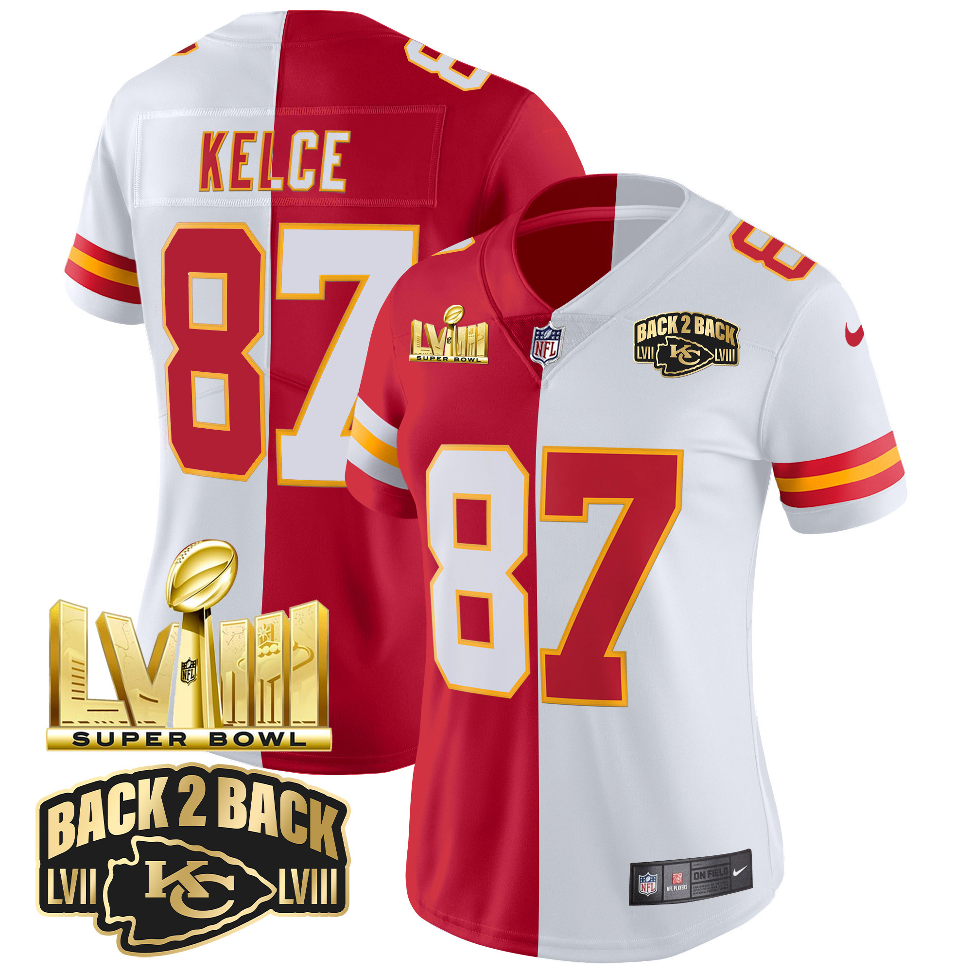 Travis Kelce Women's Kansas City Chiefs Super Bowl LVIII & Back 2 Back Gold Patch Vapor Split Jersey - All Stitched 