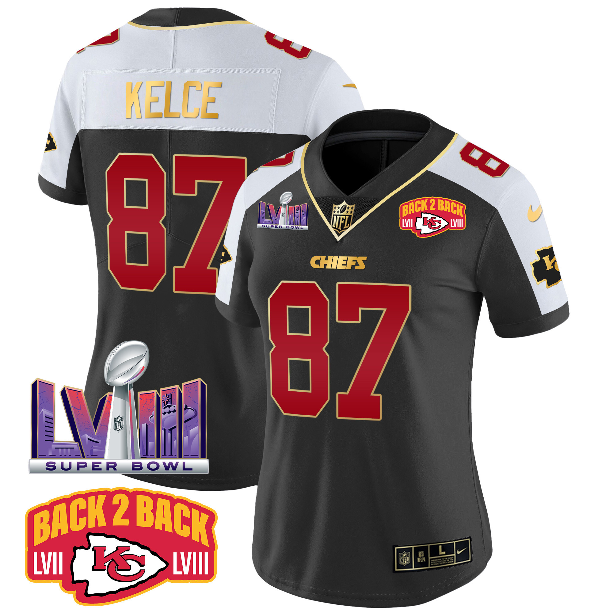 Travis Kelce Women's Kansas City Chiefs Super Bowl LVIII & Back 2 Back Patch Vapor Black Alternate Jersey - All Stitched 