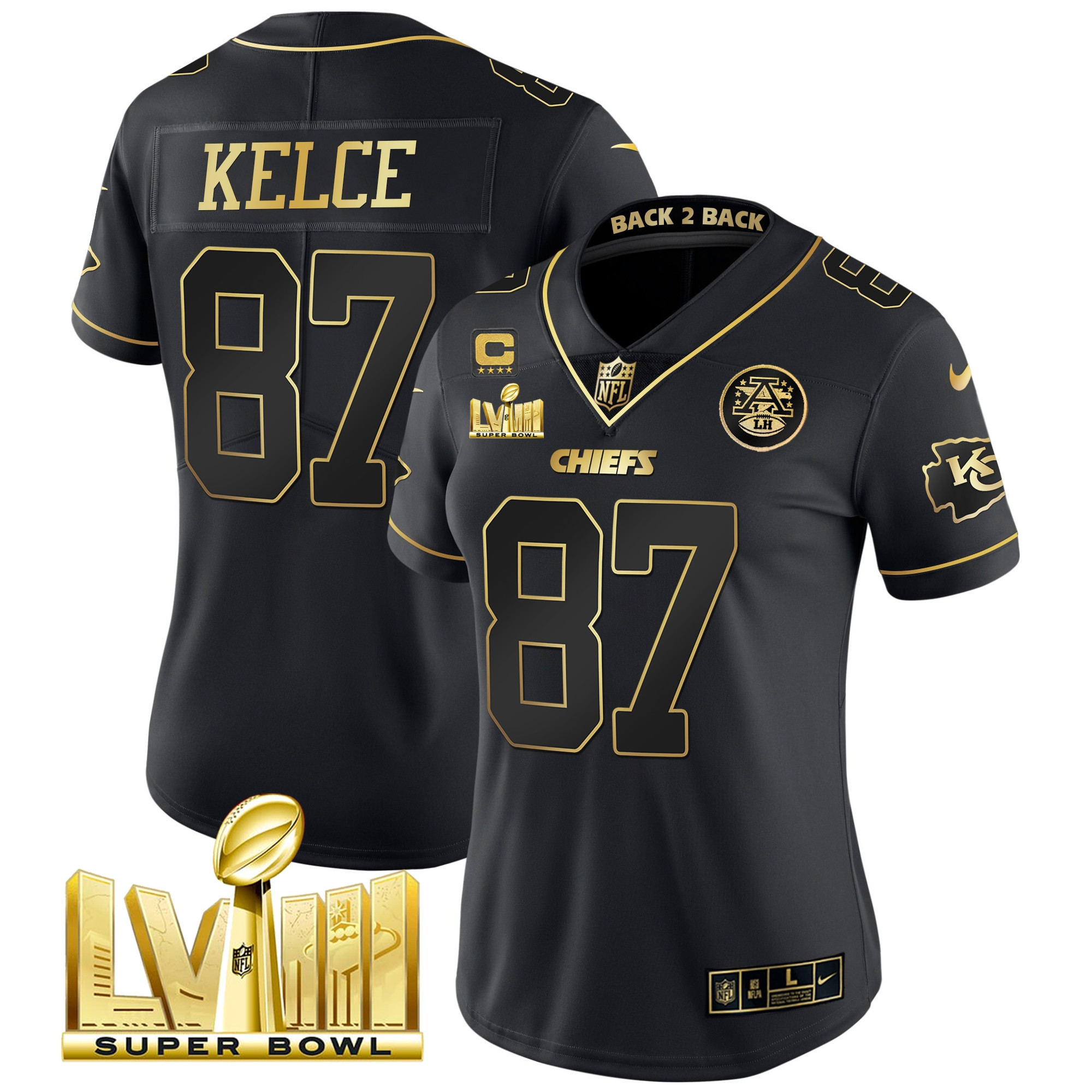 Travis Kelce Women's Kansas City Chiefs Super Bowl LVIII & Back 2 Back Patch Vapor Black Gold Jersey - All Stitched 