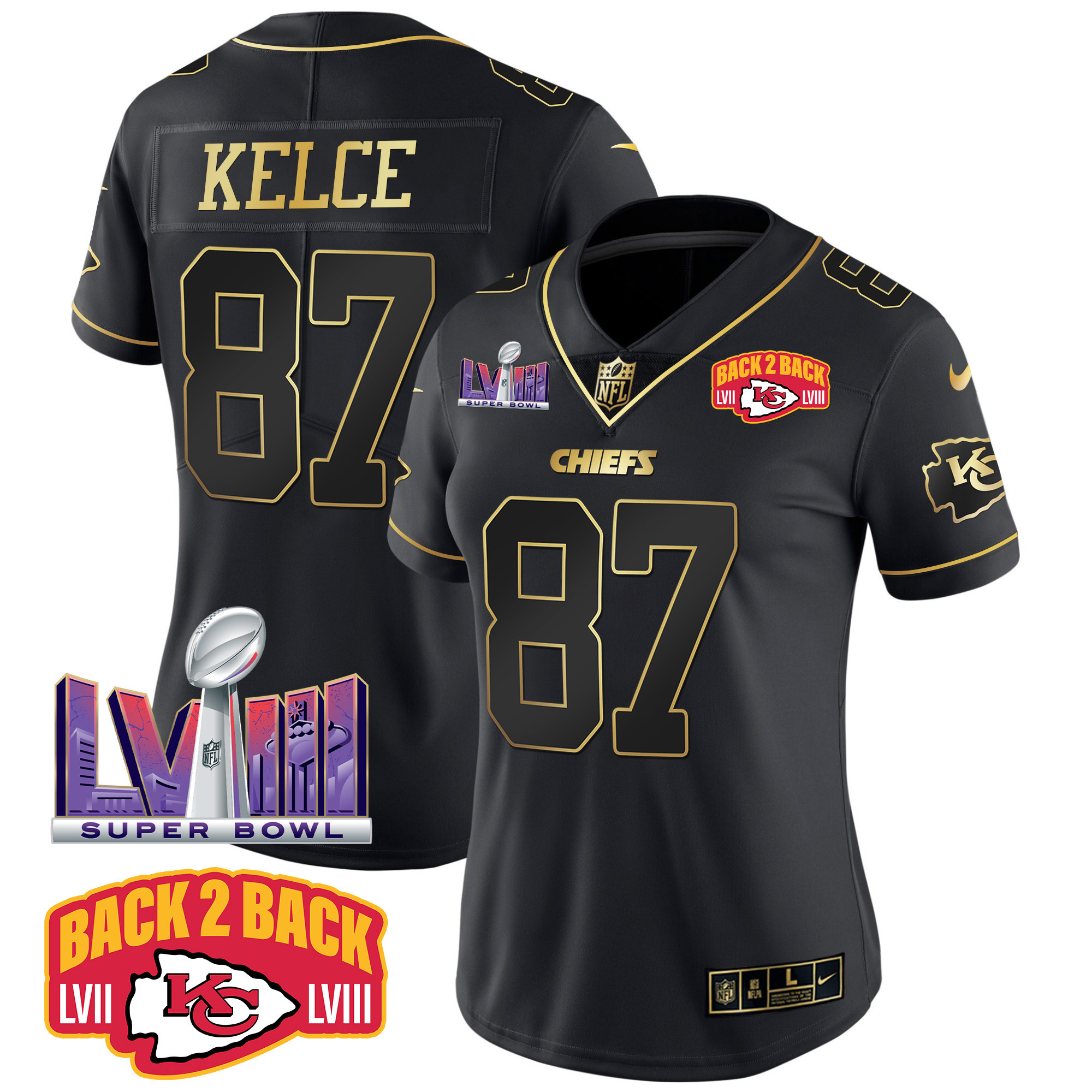Travis Kelce Women's Kansas City Chiefs Super Bowl LVIII & Back 2 Back Patch Vapor Black Gold Jersey - All Stitched 