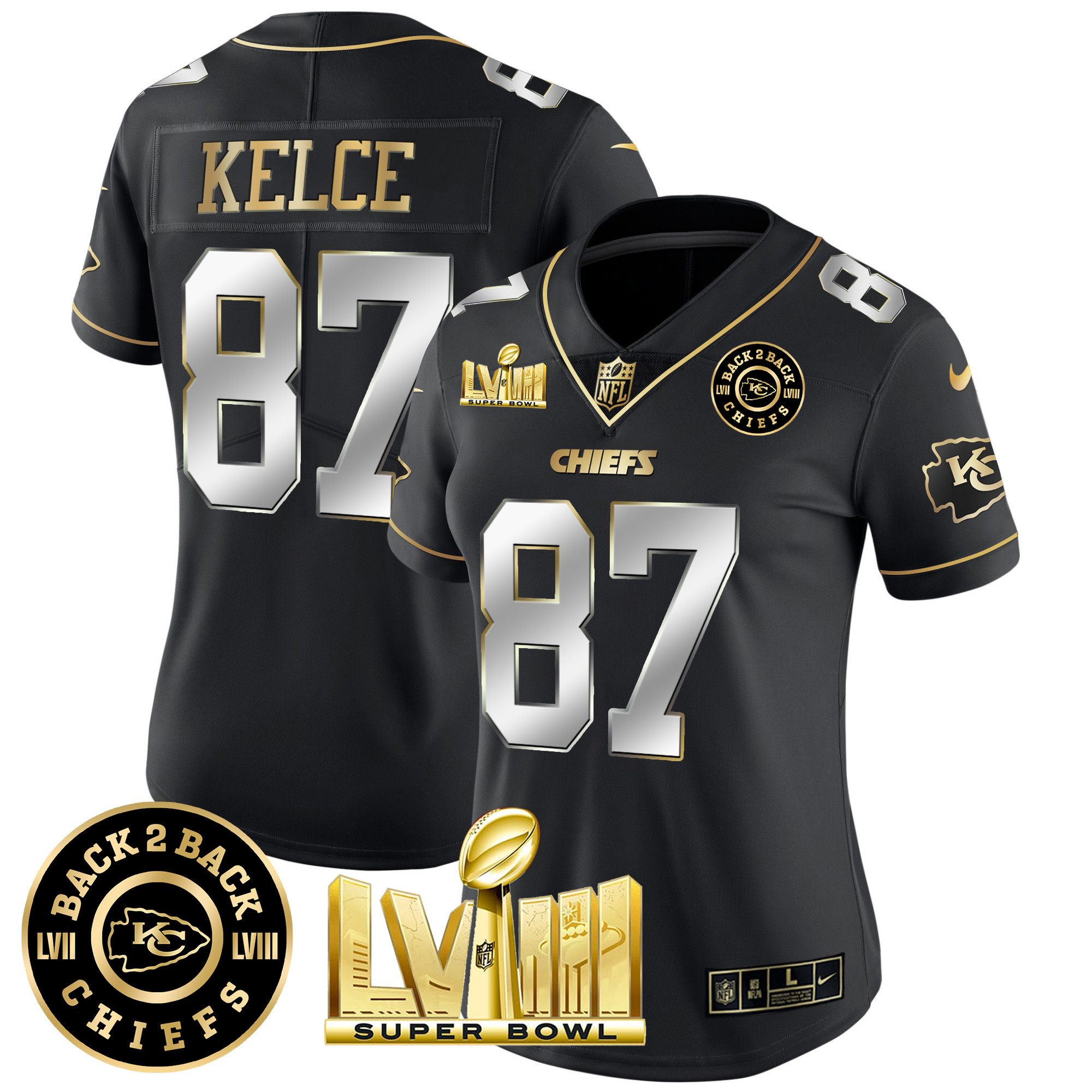 Travis Kelce Women's Kansas City Chiefs Super Bowl LVIII & Back 2 Back Patch Vapor Black Limited Jersey - All Stitched 