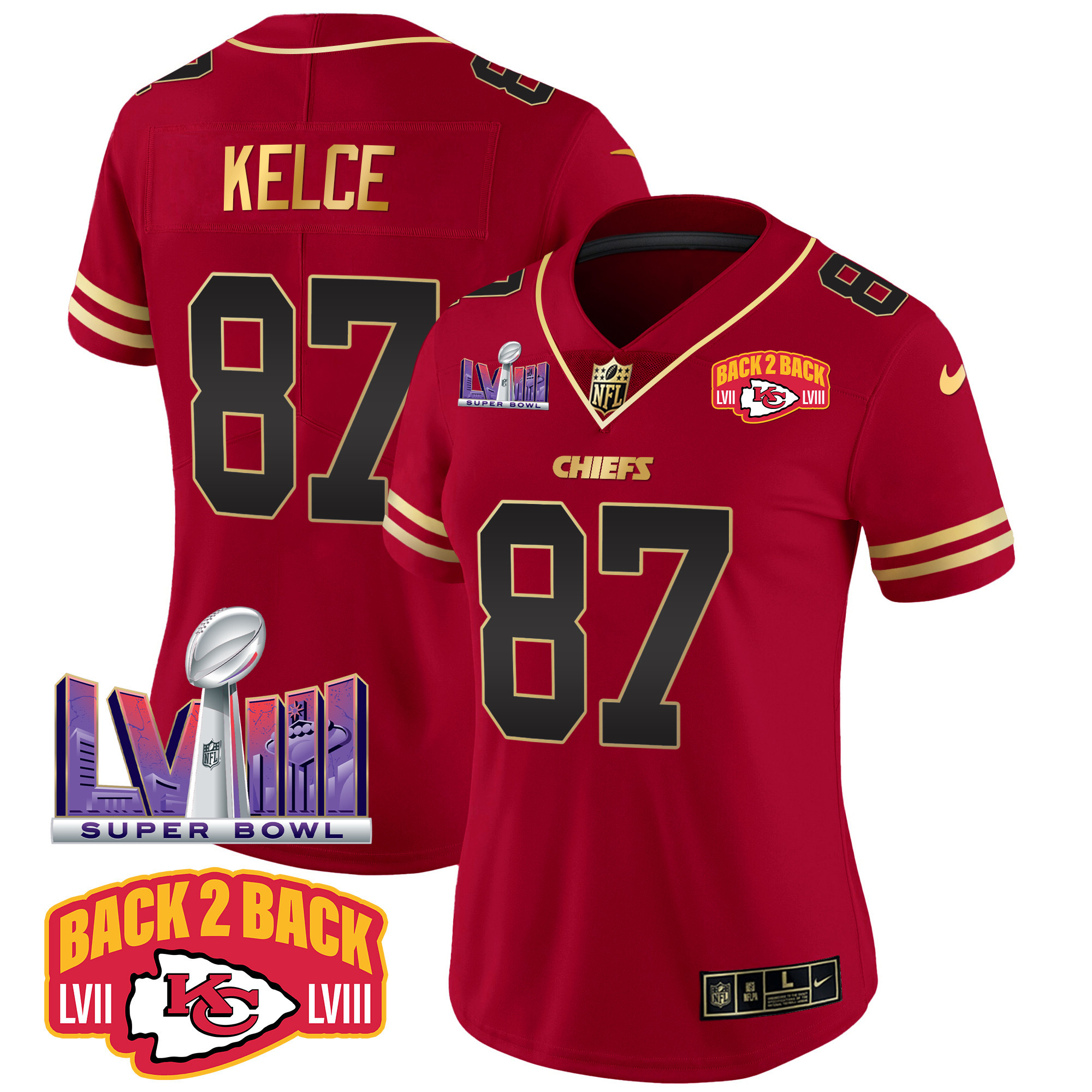 Travis Kelce Women's Kansas City Chiefs Super Bowl LVIII & Back 2 Back Patch Vapor Black Red Jersey - All Stitched 
