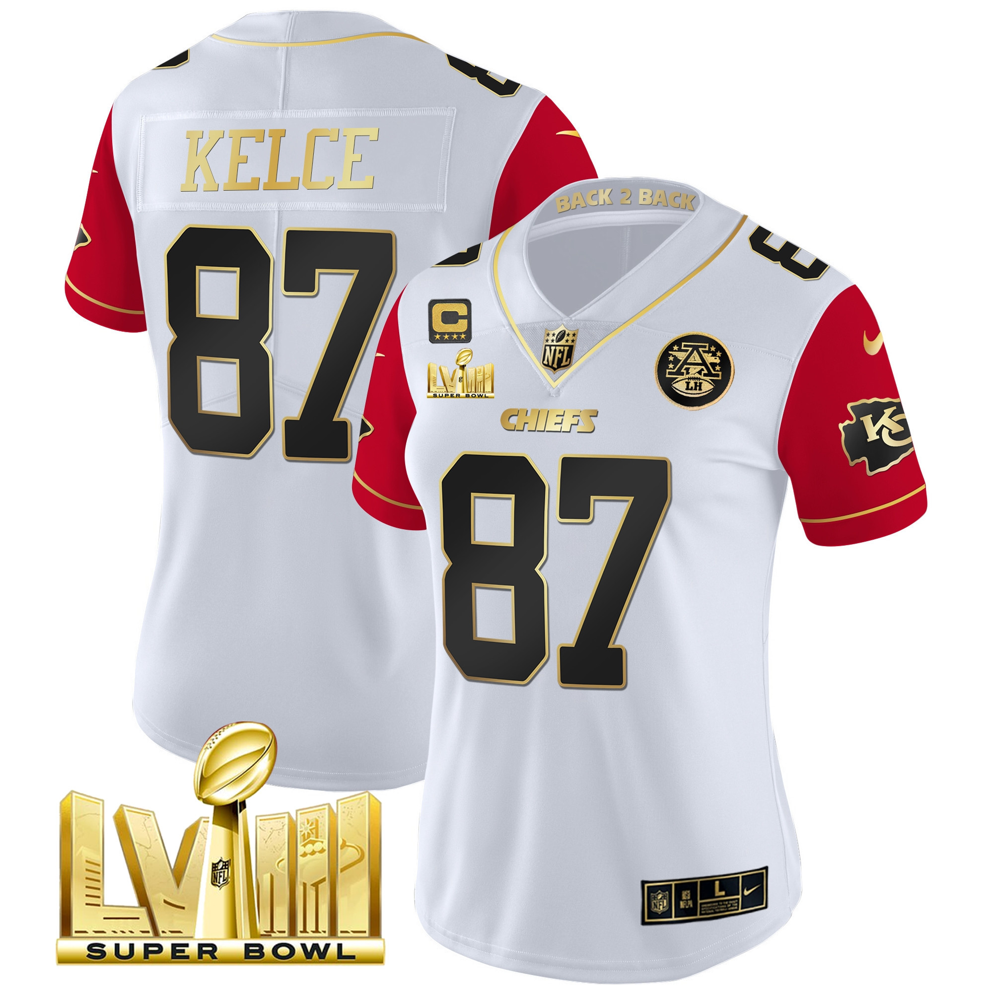 Travis Kelce Women's Kansas City Chiefs Super Bowl LVIII & Back 2 Back Patch Vapor Color Sleeves Jersey - All Stitched 