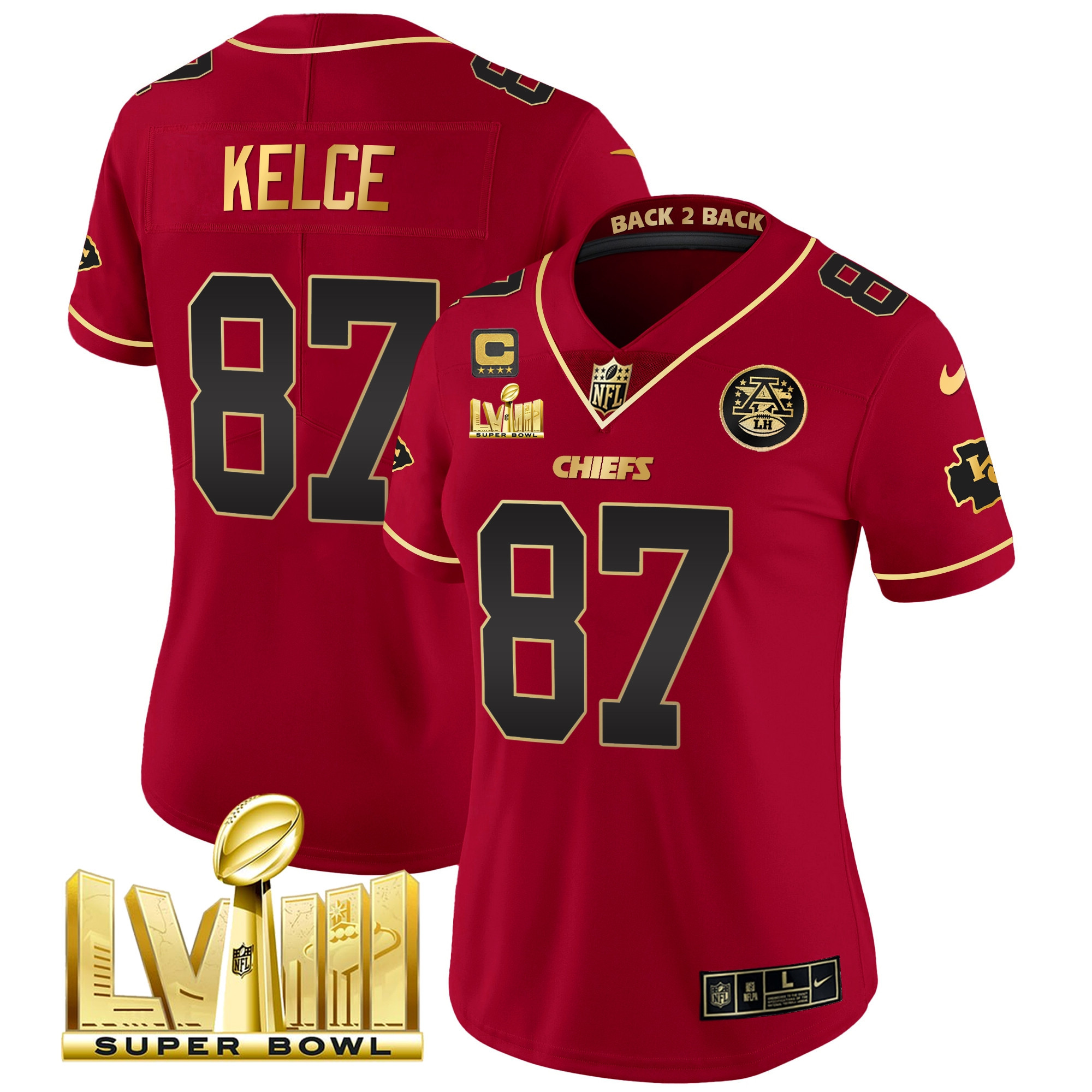Travis Kelce Women's Kansas City Chiefs Super Bowl LVIII & Back 2 Back Patch Vapor Red Special Jersey - All Stitched 