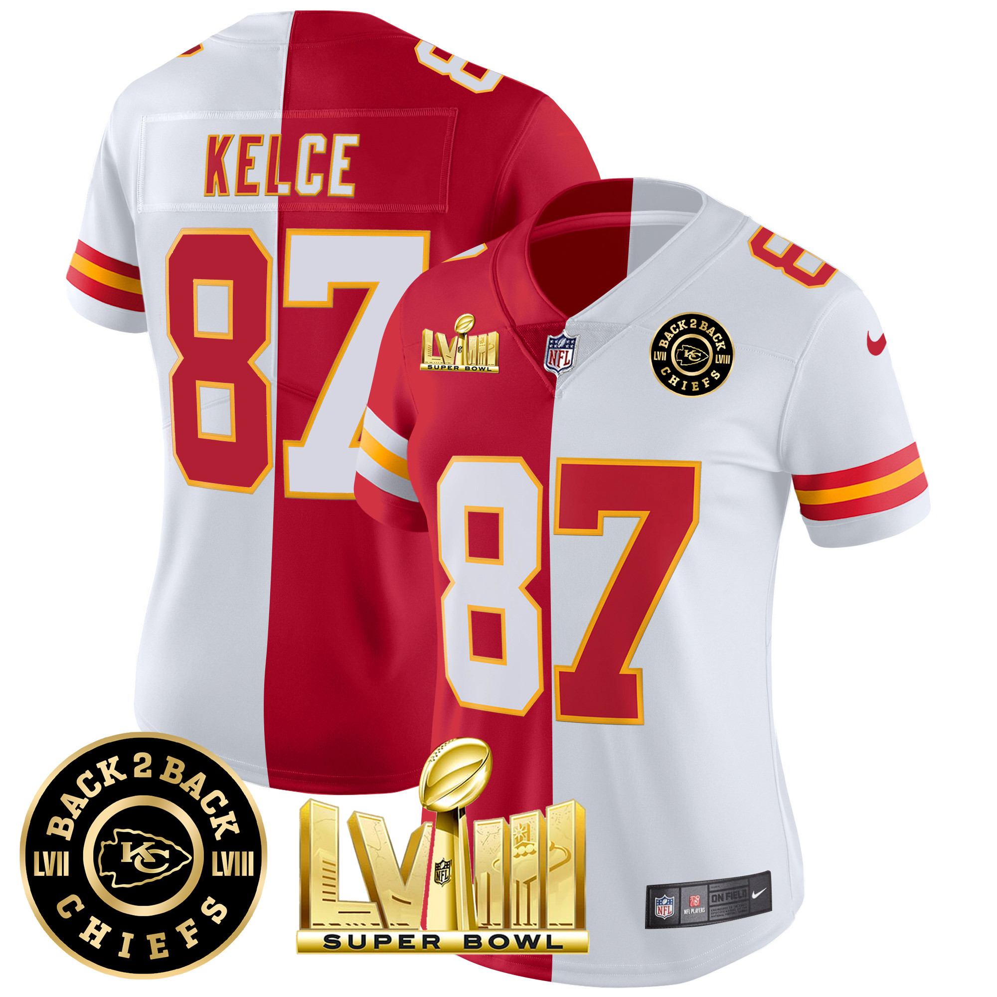 Travis Kelce Women's Kansas City Chiefs Super Bowl LVIII & Back 2 Back Patch Vapor Split Jersey - All Stitched 