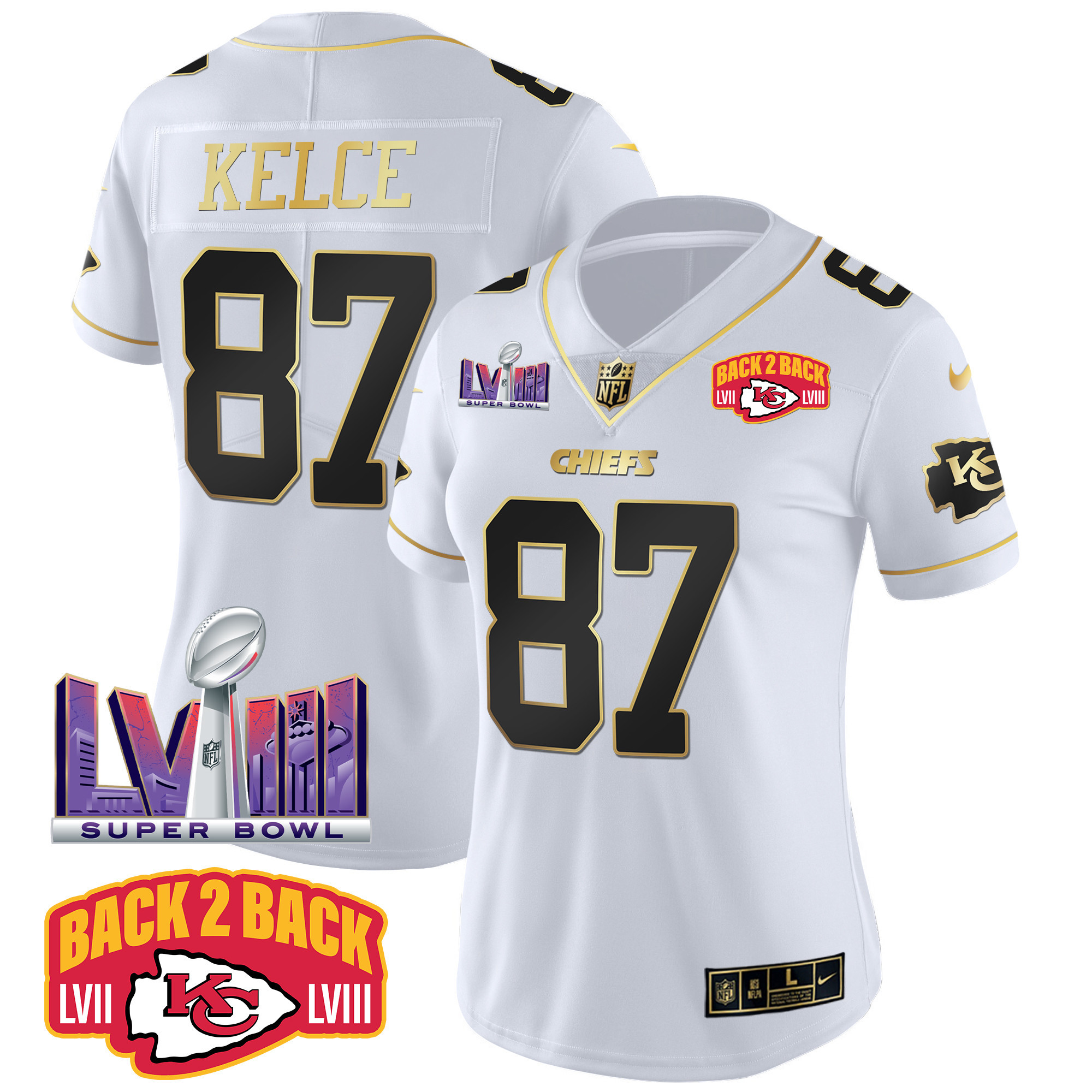Travis Kelce Women's Kansas City Chiefs Super Bowl LVIII & Back 2 Back Patch Vapor White Gold Jersey - All Stitched 