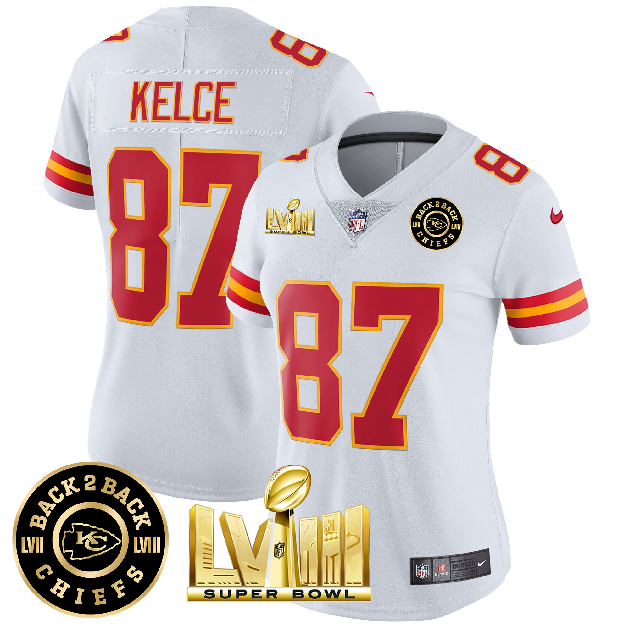 Travis Kelce Women's Kansas City Chiefs Super Bowl LVIII & Back 2 Back Patch Vapor White Jersey - All Stitched 