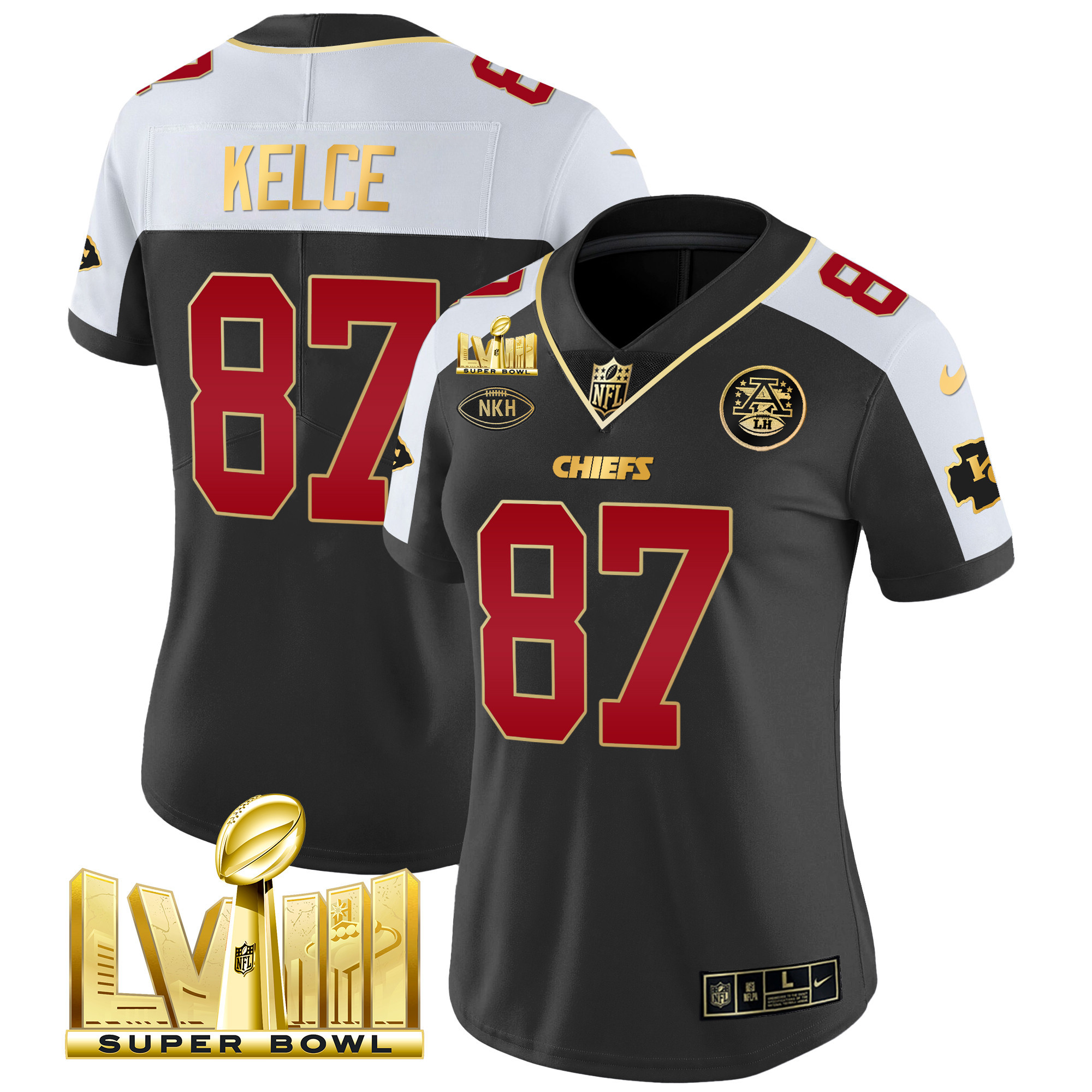 Travis Kelce Women's Kansas City Chiefs Super Bowl LVIII Gold Patch Vapor Black Alternate Jersey - All Stitched 