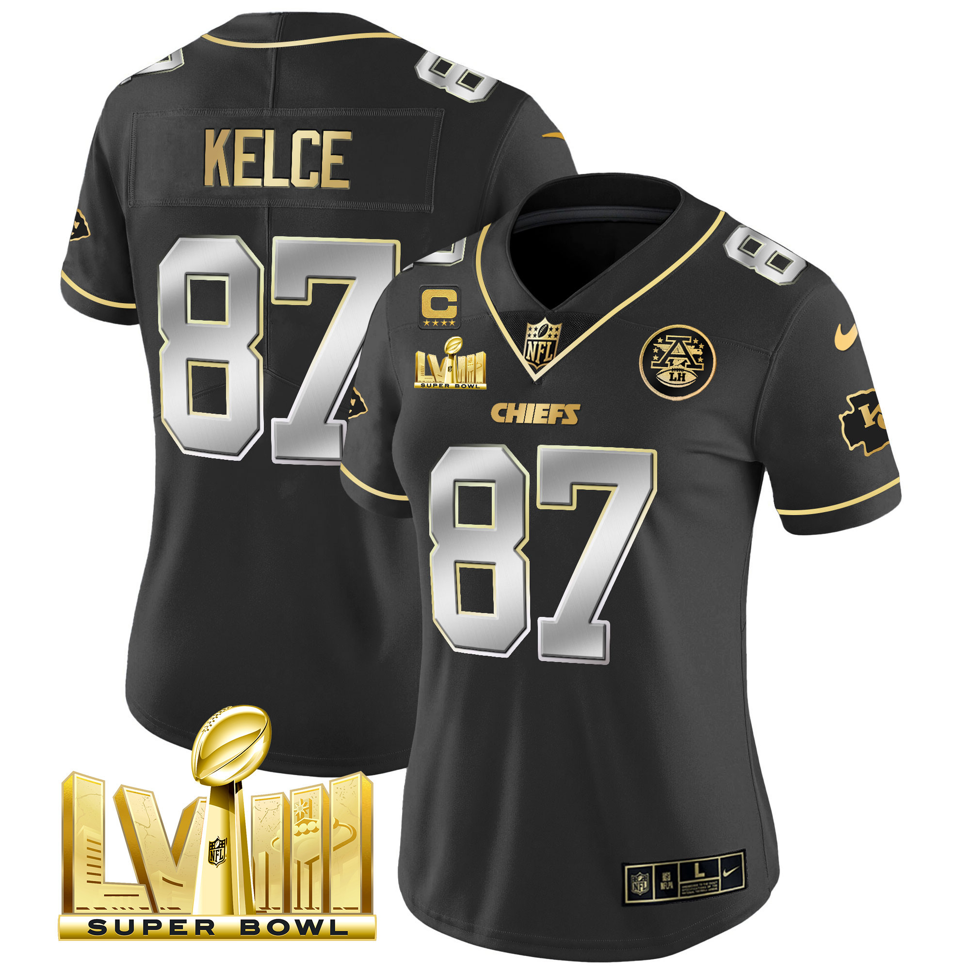 Travis Kelce Women's Kansas City Chiefs Super Bowl LVIII Gold Patch Vapor Black Limited Jersey - All Stitched 
