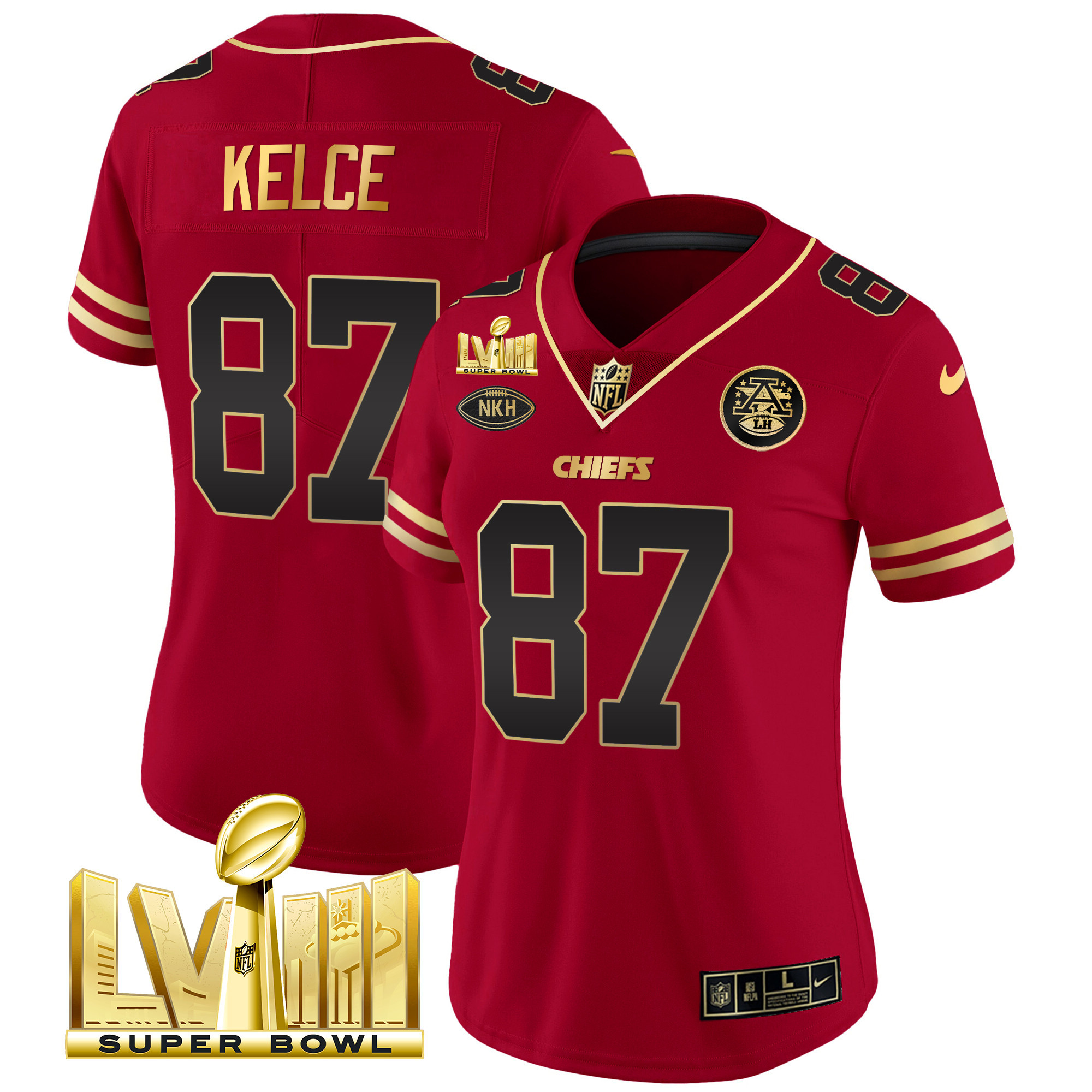 Travis Kelce Women's Kansas City Chiefs Super Bowl LVIII Gold Patch Vapor Black Red Jersey - All Stitched 
