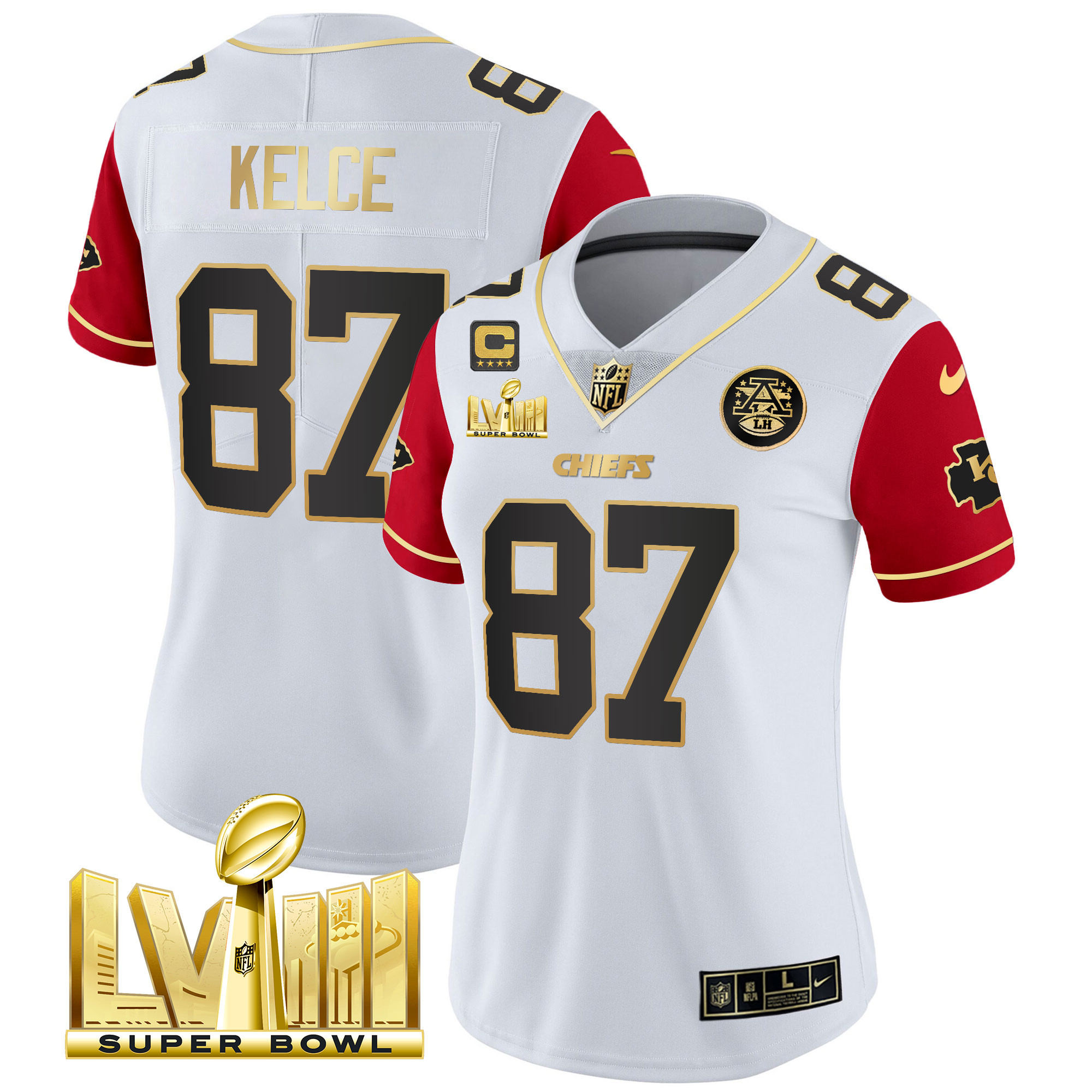 Travis Kelce Women's Kansas City Chiefs Super Bowl LVIII Gold Patch Vapor Color Sleeves Jersey - All Stitched 