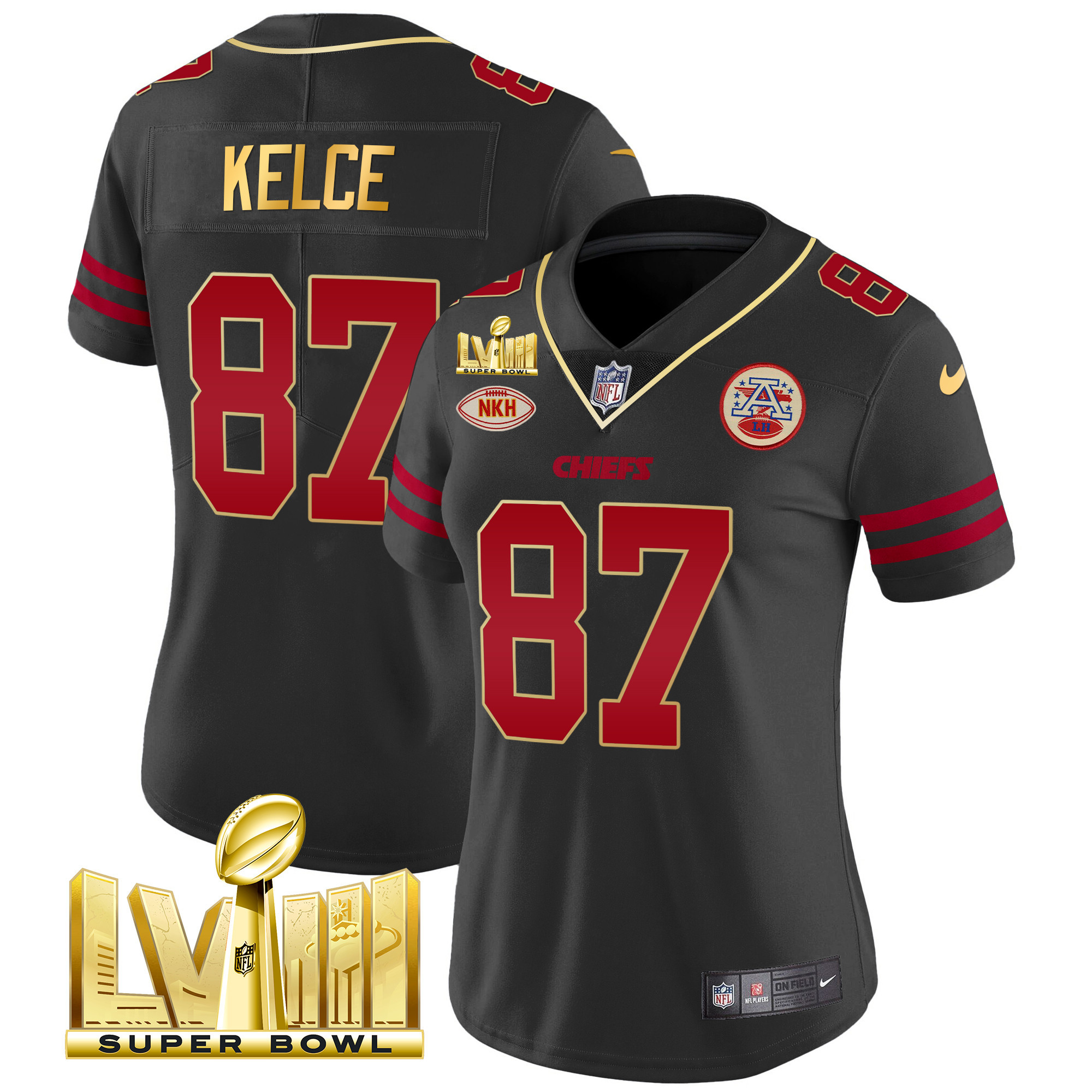 Travis Kelce Women's Kansas City Chiefs Super Bowl LVIII Gold Patch Vapor Gold Trim Jersey - All Stitched 