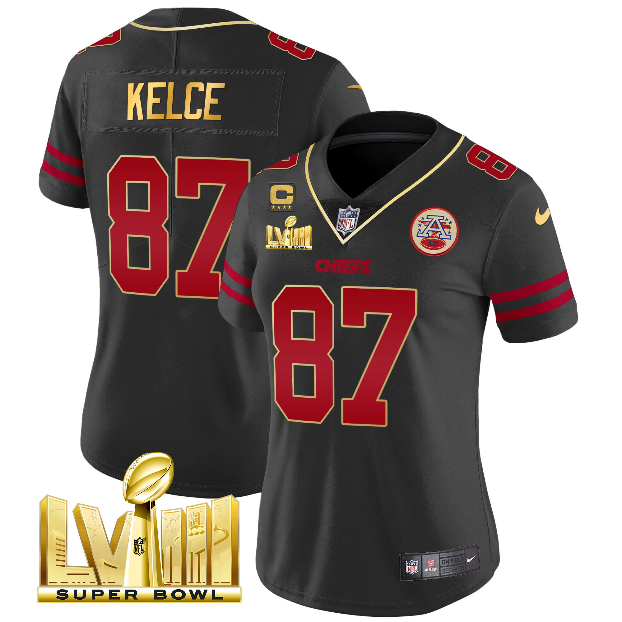 Travis Kelce Women's Kansas City Chiefs Super Bowl LVIII Gold Patch Vapor Gold Trim Jersey - All Stitched 