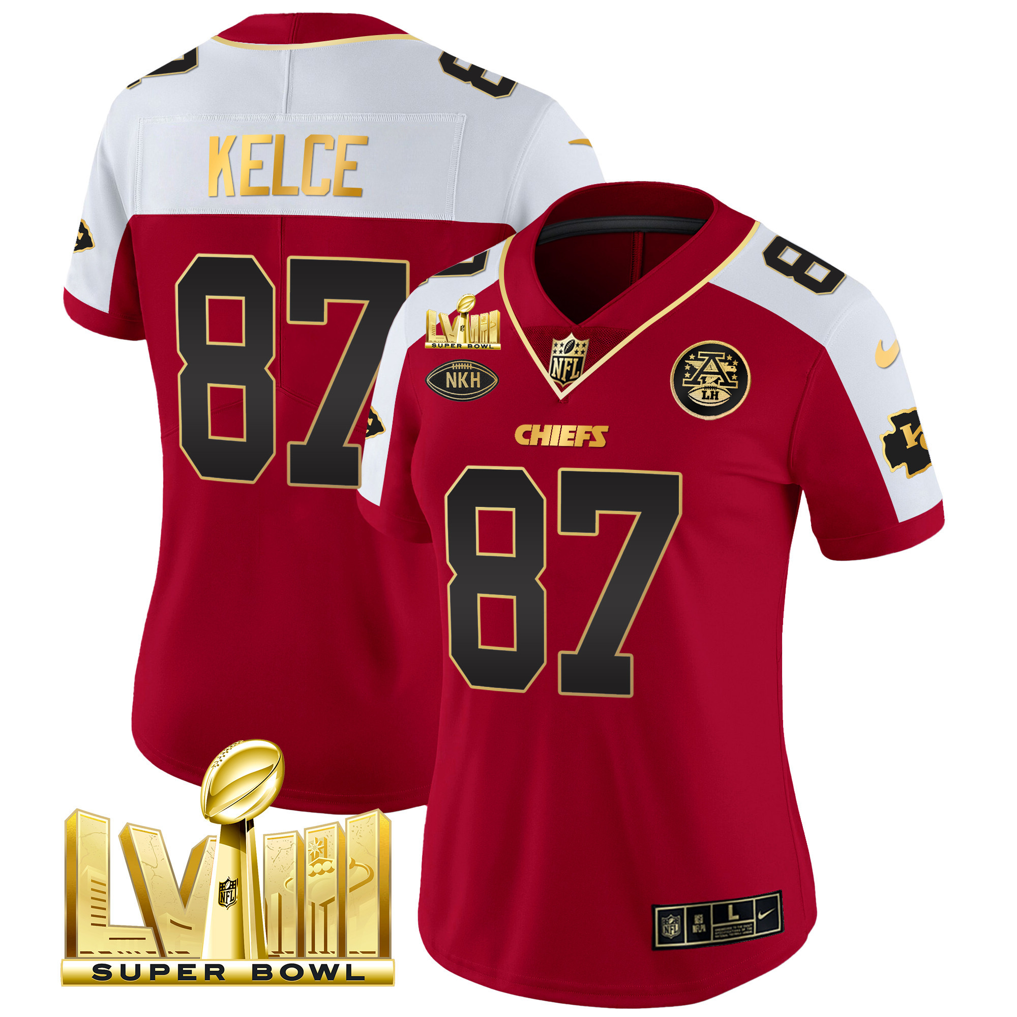 Travis Kelce Women's Kansas City Chiefs Super Bowl LVIII Gold Patch Vapor Red Alternate Jersey - All Stitched 