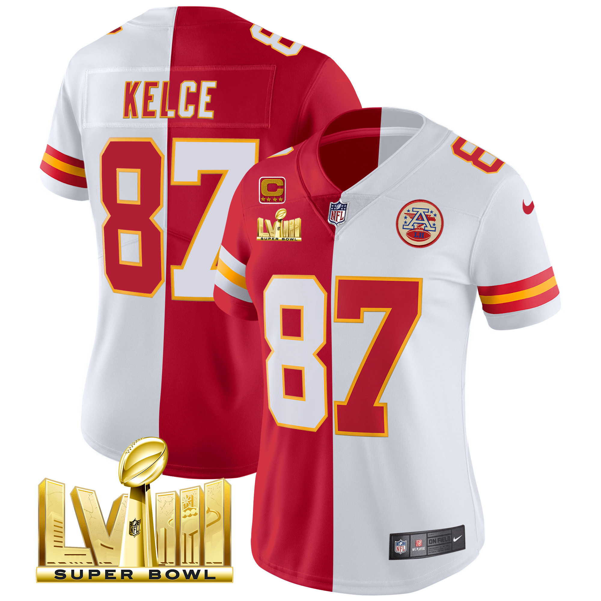 Travis Kelce Women's Kansas City Chiefs Super Bowl LVIII Gold Patch Vapor Split Jersey - All Stitched 
