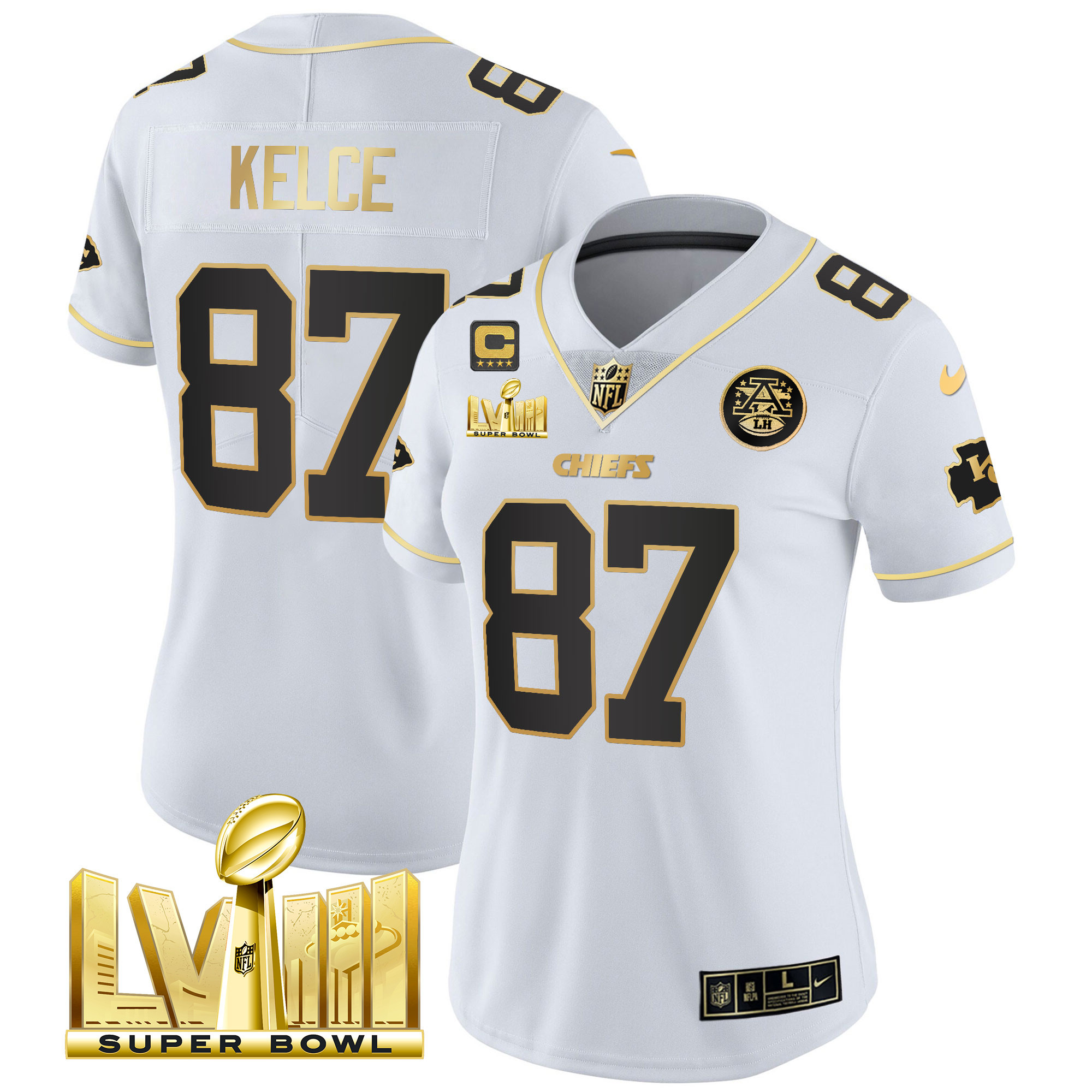 Travis Kelce Women's Kansas City Chiefs Super Bowl LVIII Gold Patch Vapor White Gold Jersey - All Stitched 