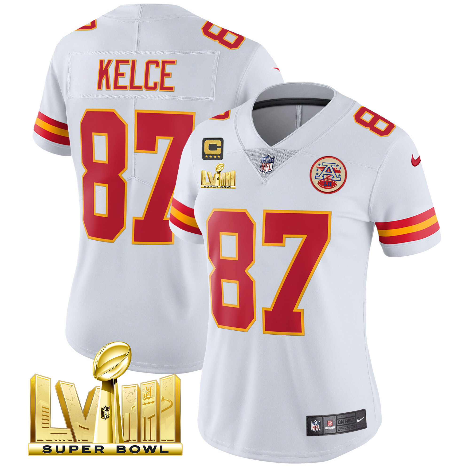 Travis Kelce Women's Kansas City Chiefs Super Bowl LVIII Gold Patch Vapor White Jersey - All Stitched 
