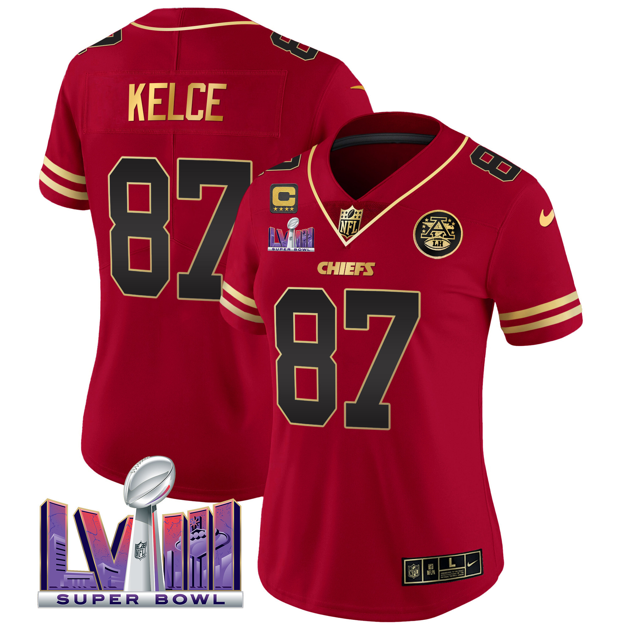 Travis Kelce Women's Kansas City Chiefs Super Bowl LVIII Patch Vapor Black Red Jersey - All Stitched 