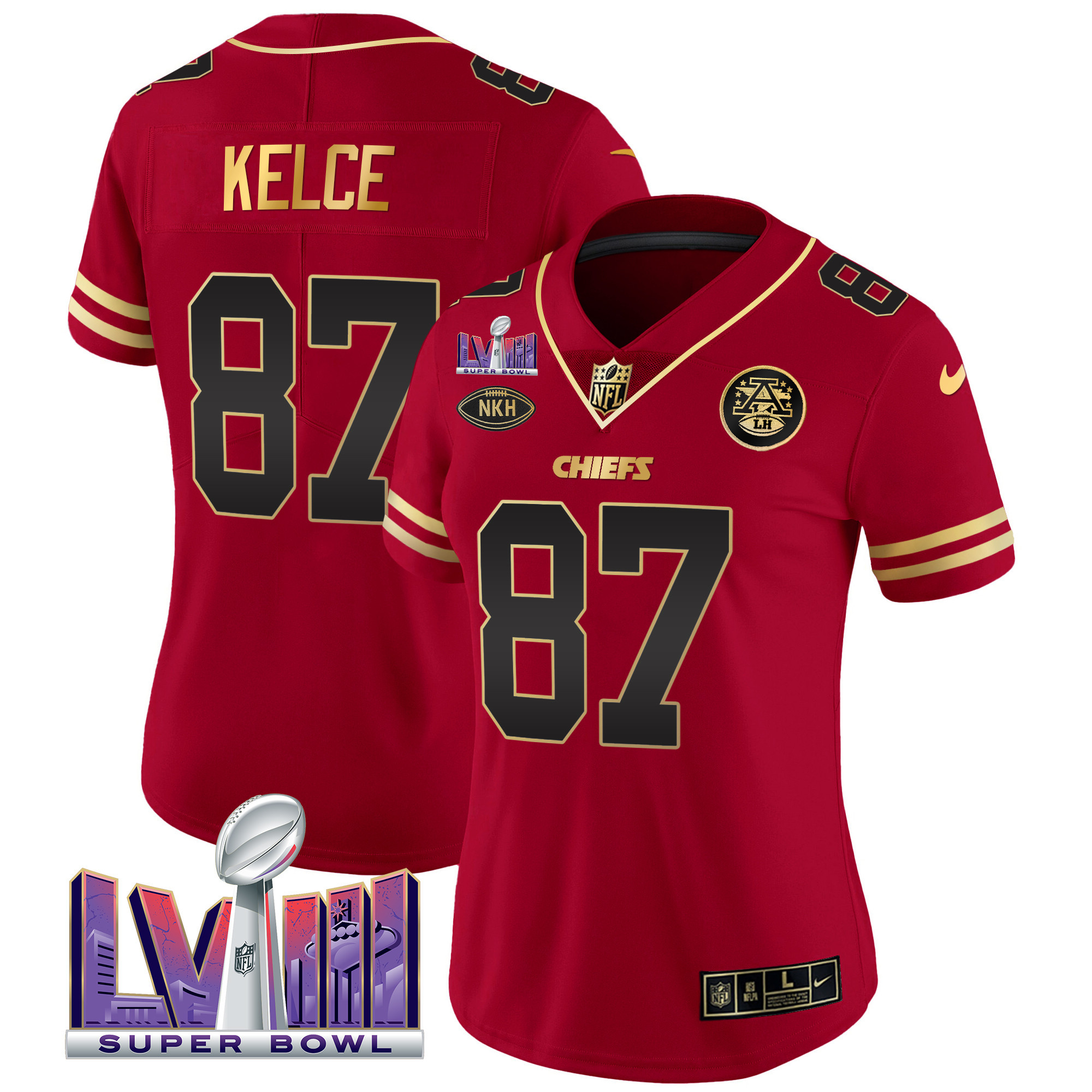 Travis Kelce Women's Kansas City Chiefs Super Bowl LVIII Patch Vapor Black Red Jersey - All Stitched 