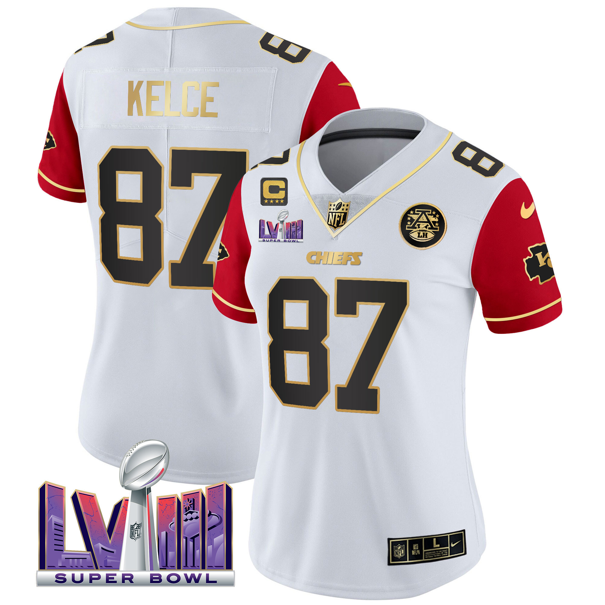 Travis Kelce Women's Kansas City Chiefs Super Bowl LVIII Patch Vapor Color Sleeves Jersey - All Stitched 